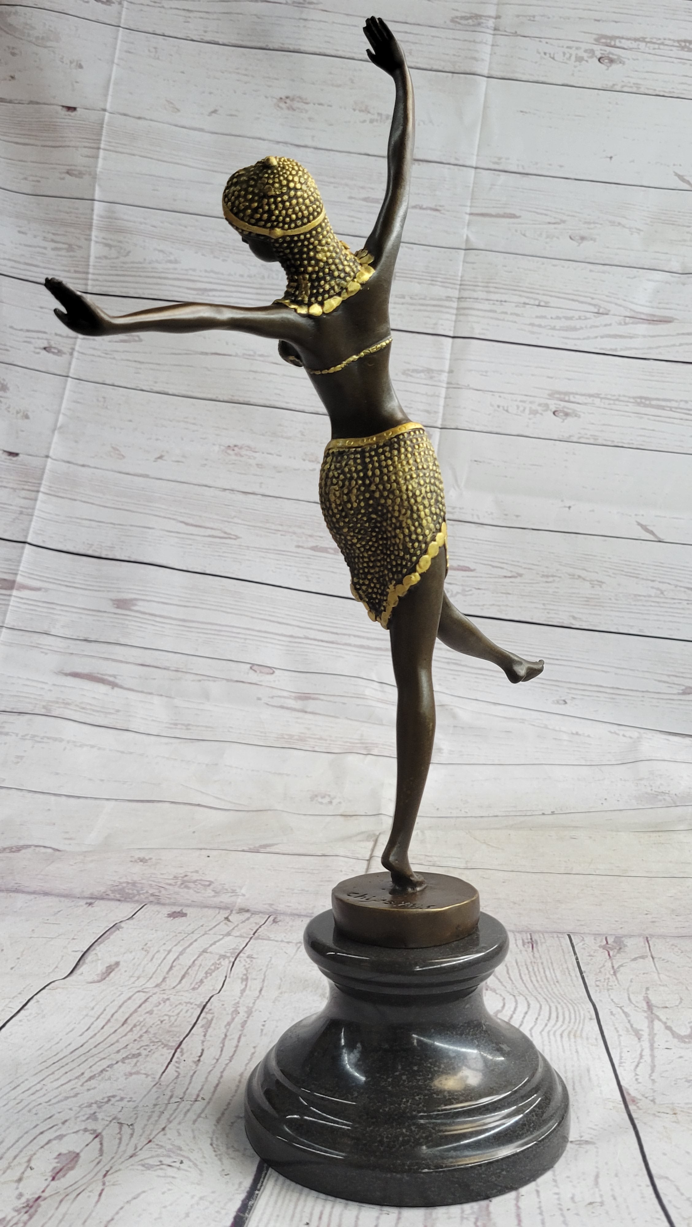 Gold Patina Chiparus Exotic Dancer Bronze Sculpture Marble Base