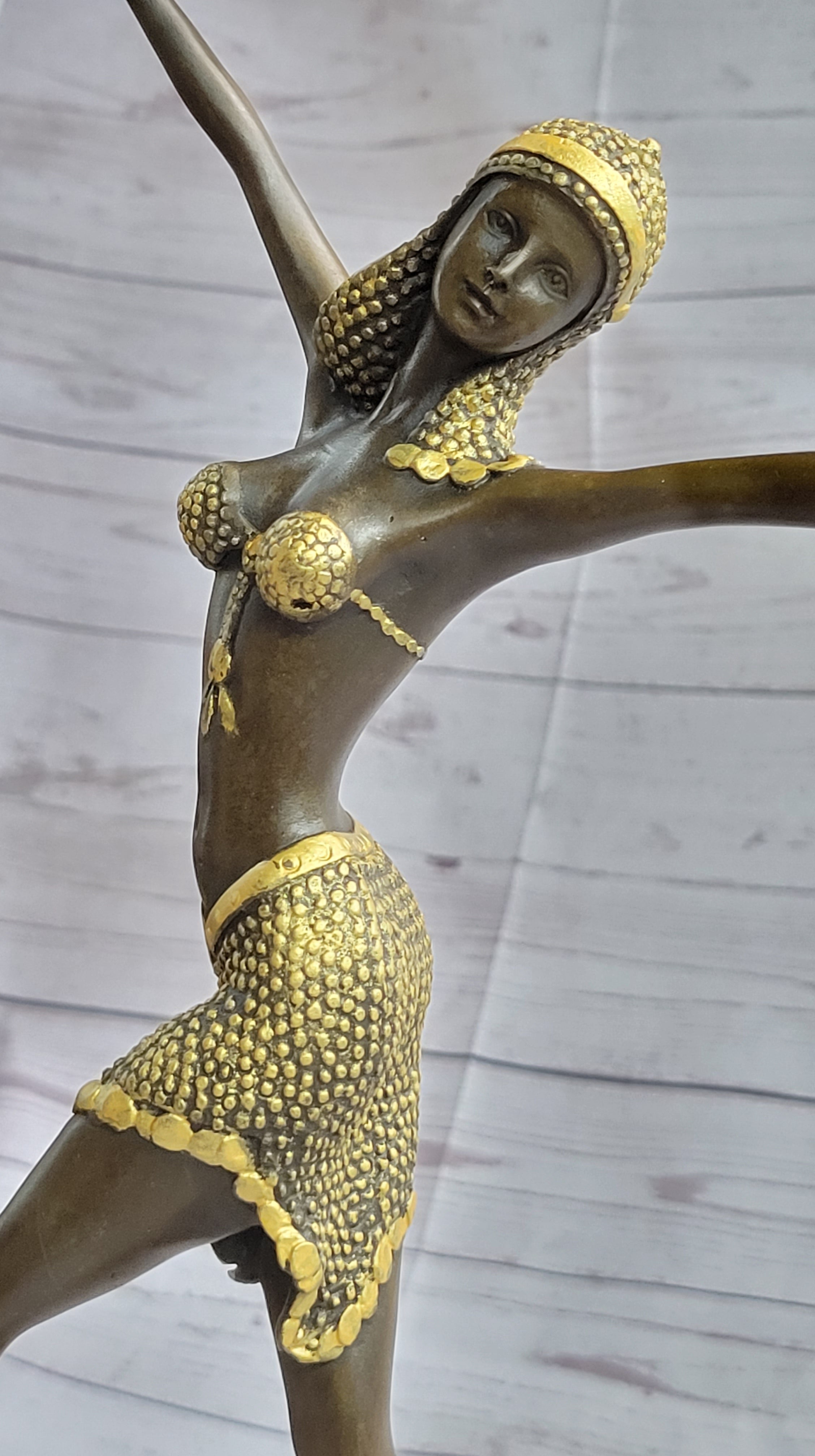 Gold Patina Chiparus Exotic Dancer Bronze Sculpture Marble Base
