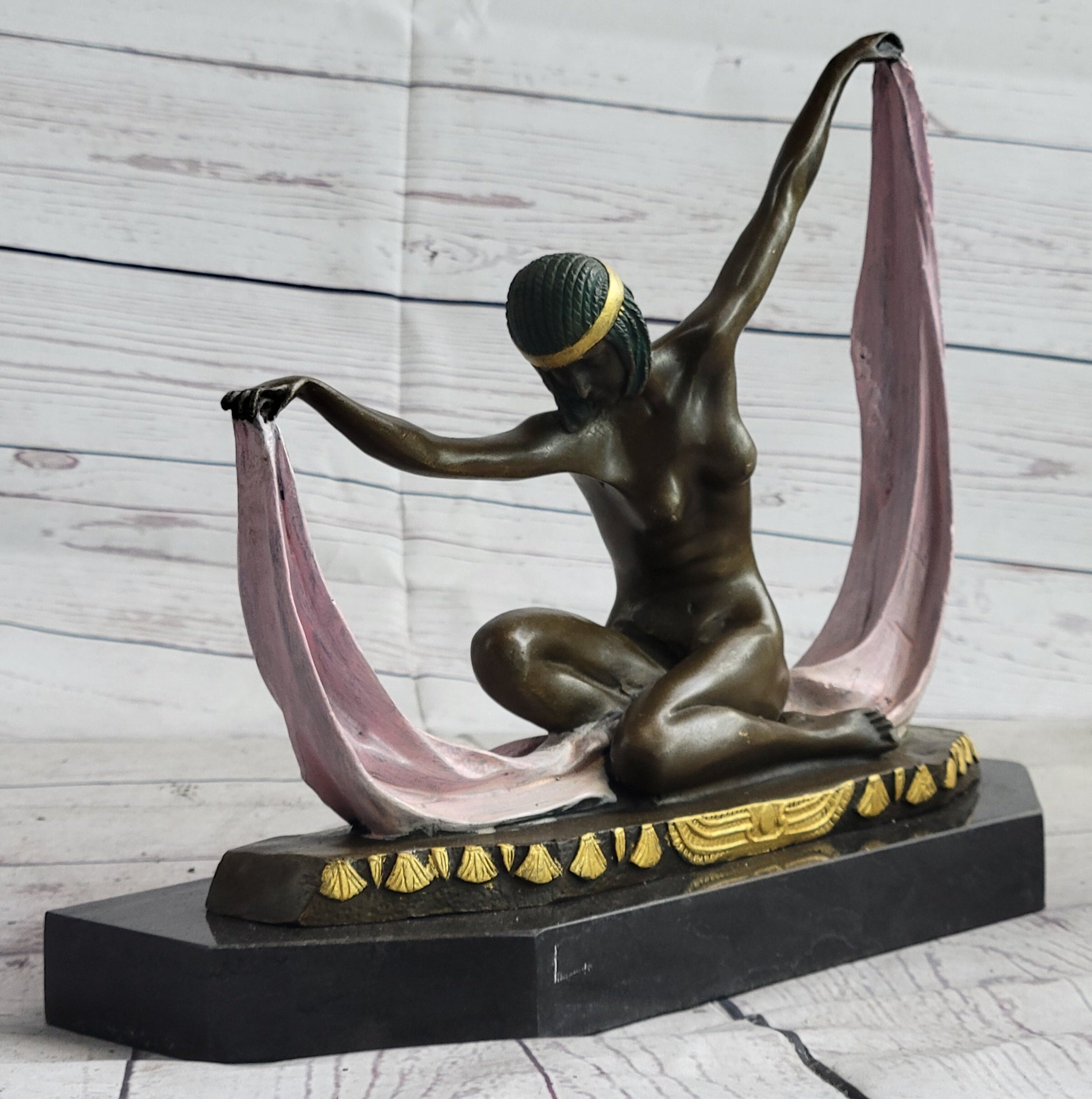 Art Deco Nude Female Scarf Dancer Flapper Girl Bronze Statue Sculpture by Mirval 10" x 12"
