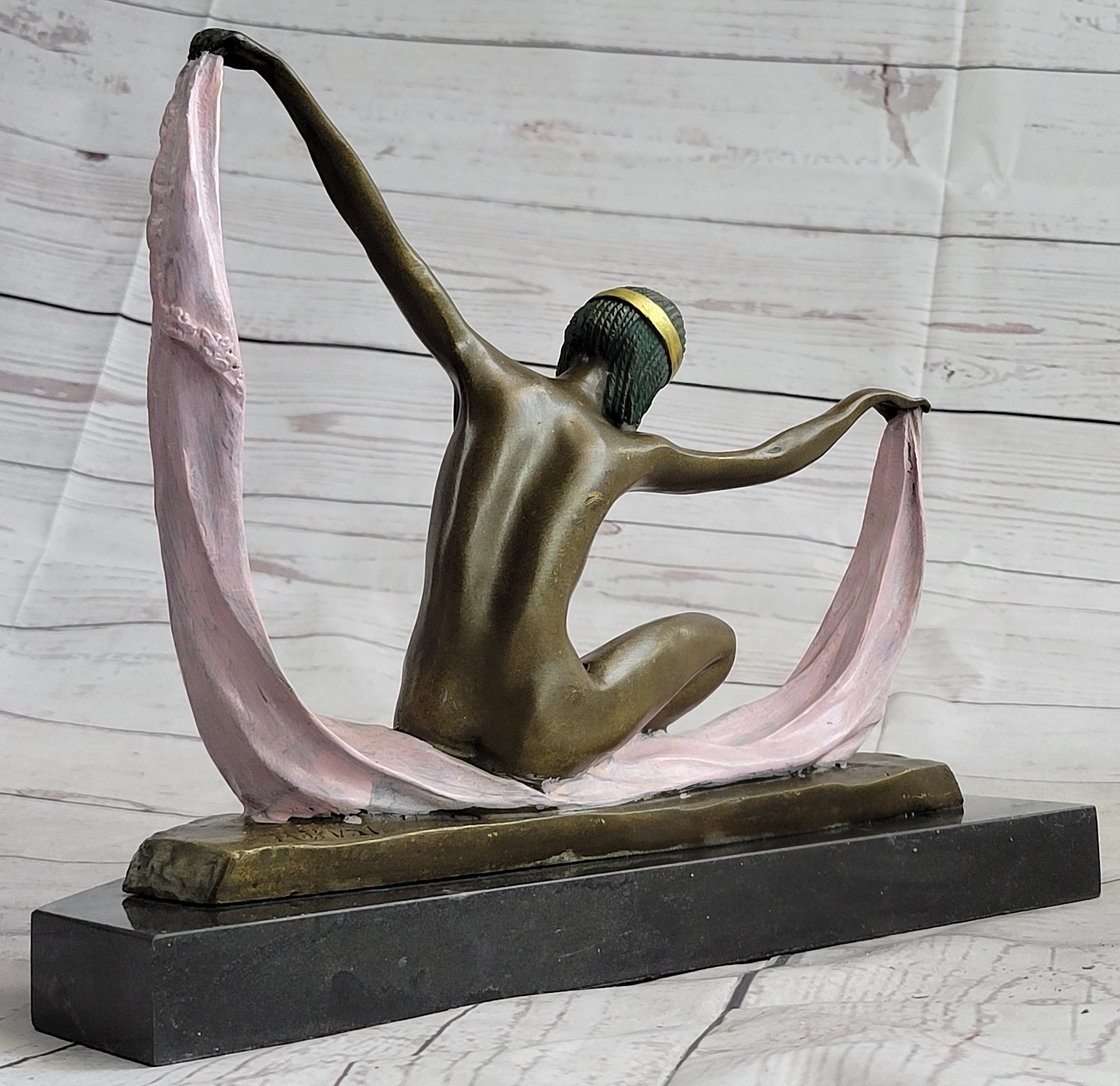 Art Deco Nude Female Scarf Dancer Flapper Girl Bronze Statue Sculpture by Mirval 10" x 12"