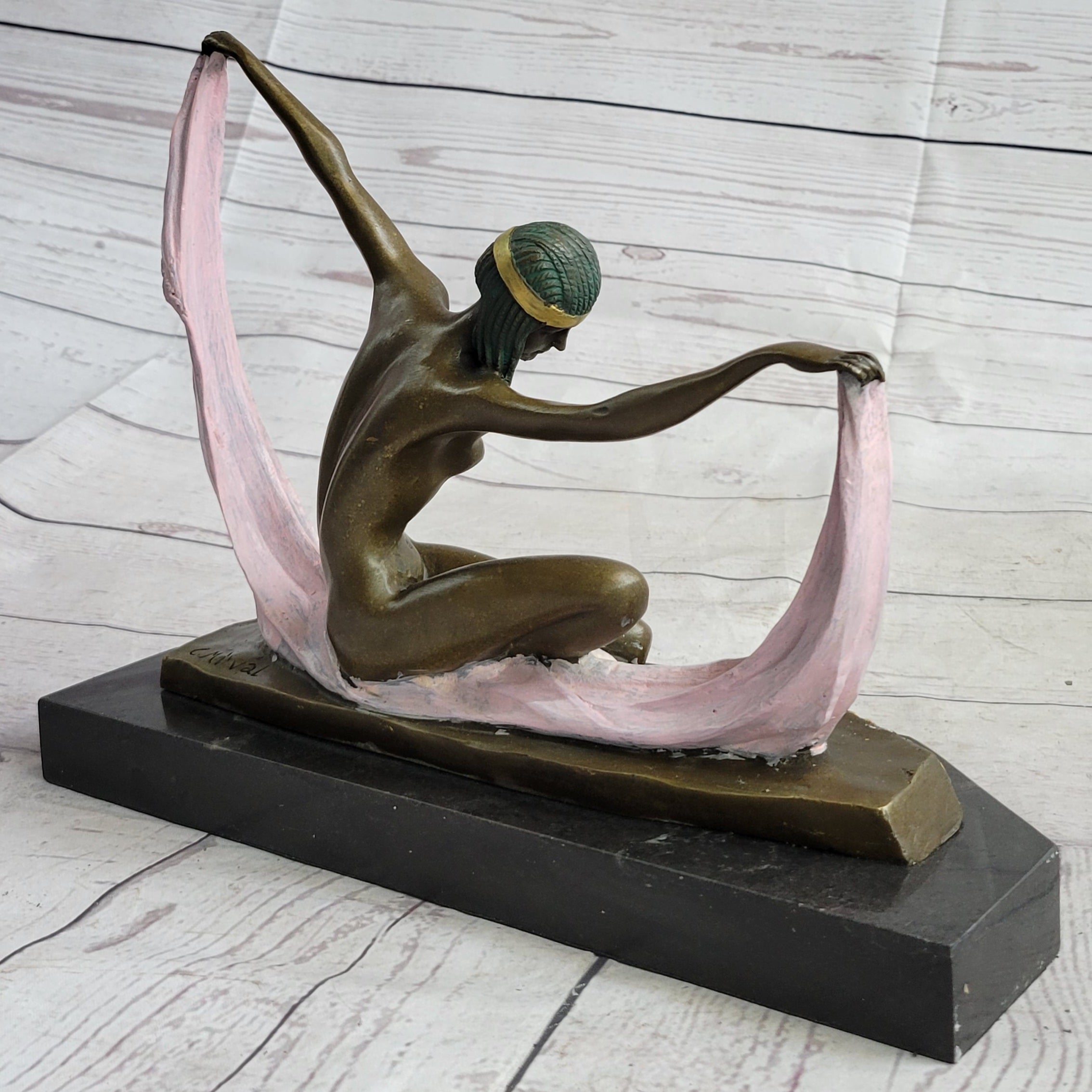 Art Deco Nude Female Scarf Dancer Flapper Girl Bronze Statue Sculpture by Mirval 10" x 12"