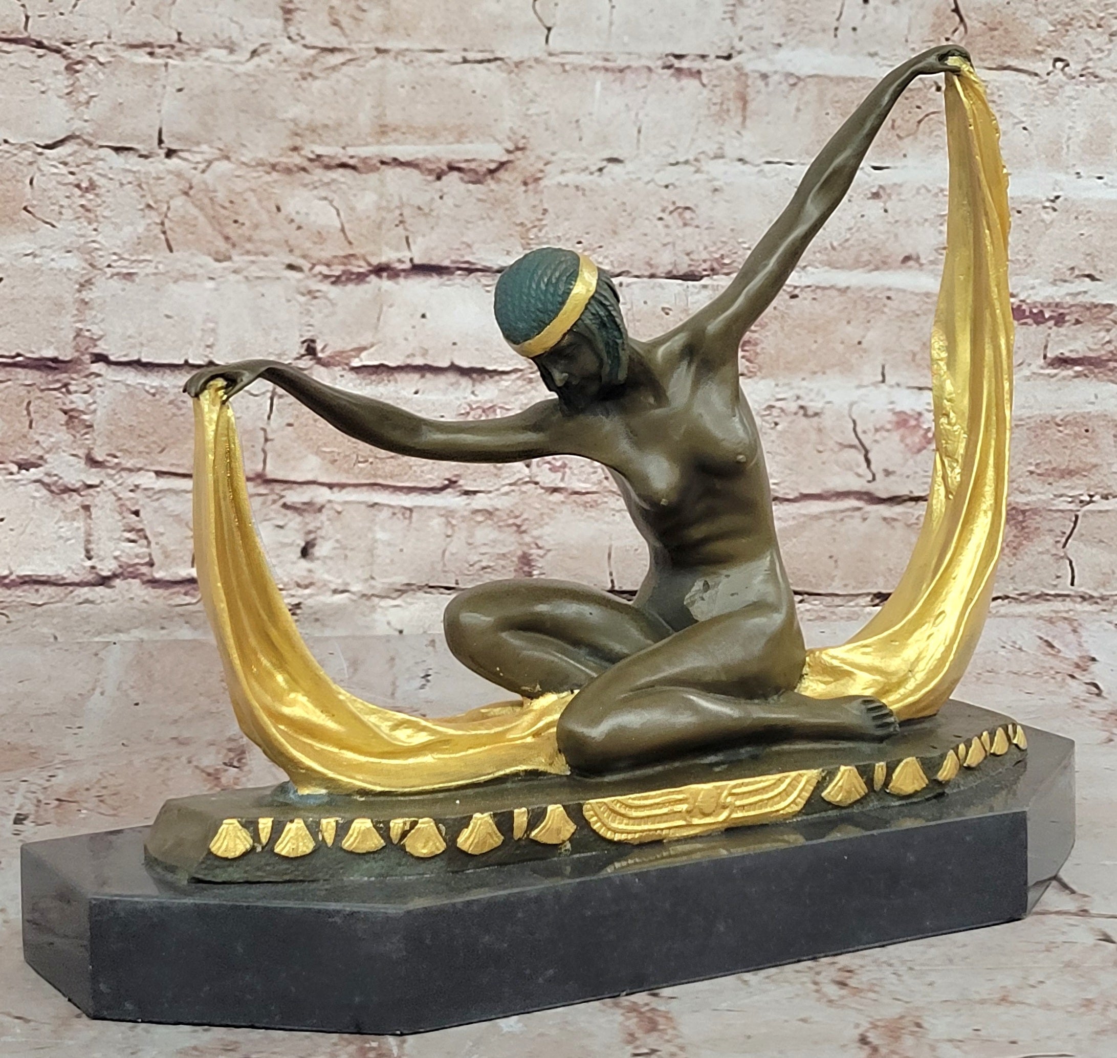 Graceful Nude Dancer By Mirval Bronze Marble Art Deco Figure
