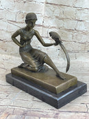 Signed Chiparus Girl With Parrot Bronze Marble Base Sculpture