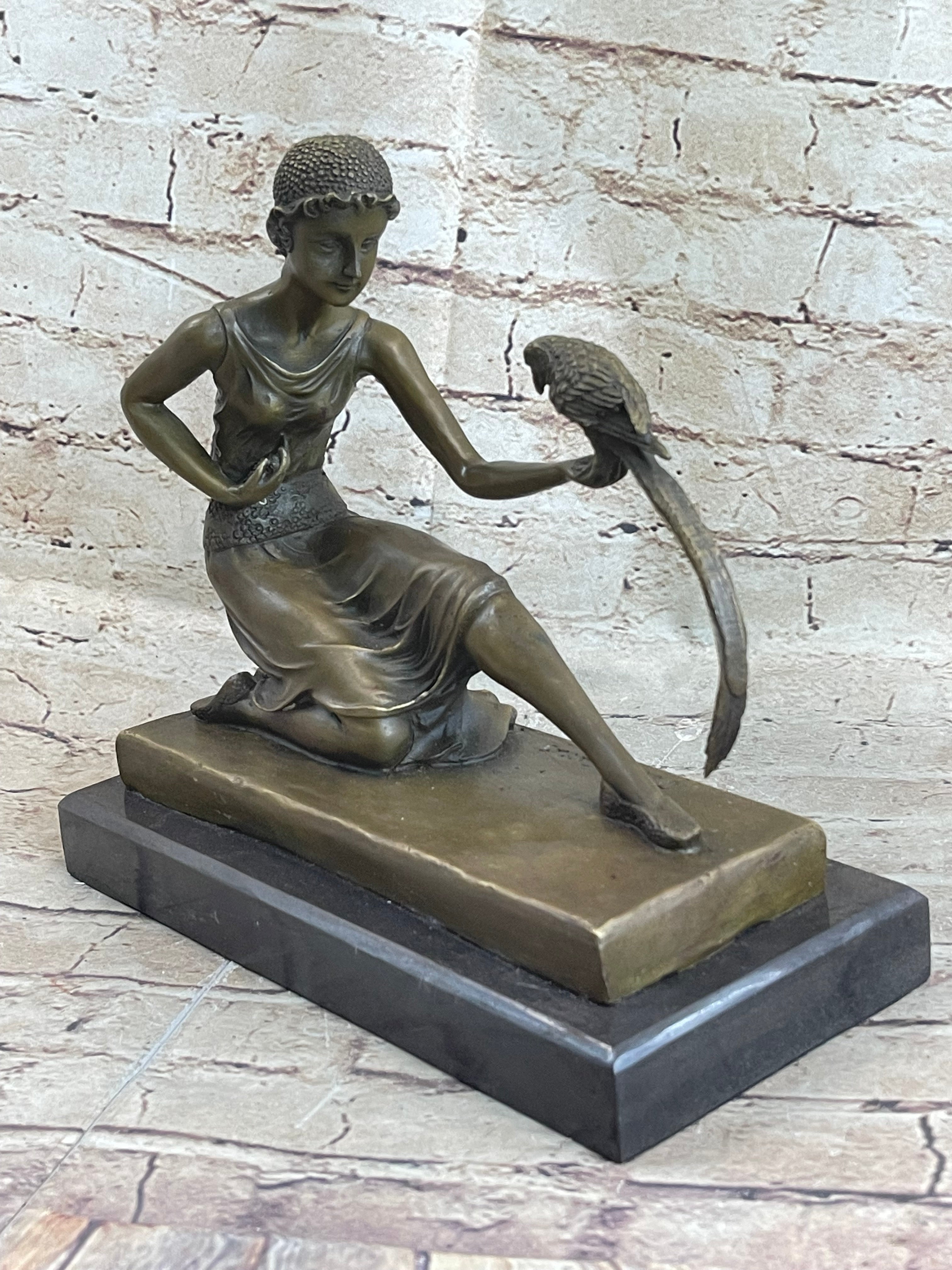Signed Chiparus Girl With Parrot Bronze Marble Base Sculpture