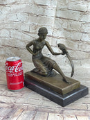 Signed Chiparus Girl With Parrot Bronze Marble Base Sculpture