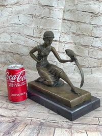 Signed Chiparus Girl With Parrot Bronze Marble Base Sculpture