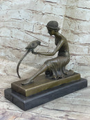 Signed Chiparus Girl With Parrot Bronze Marble Base Sculpture