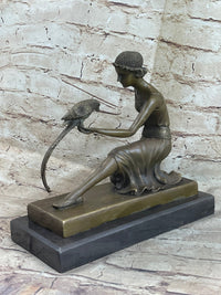 Signed Chiparus Girl With Parrot Bronze Marble Base Sculpture