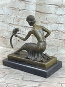Signed Chiparus Girl With Parrot Bronze Marble Base Sculpture