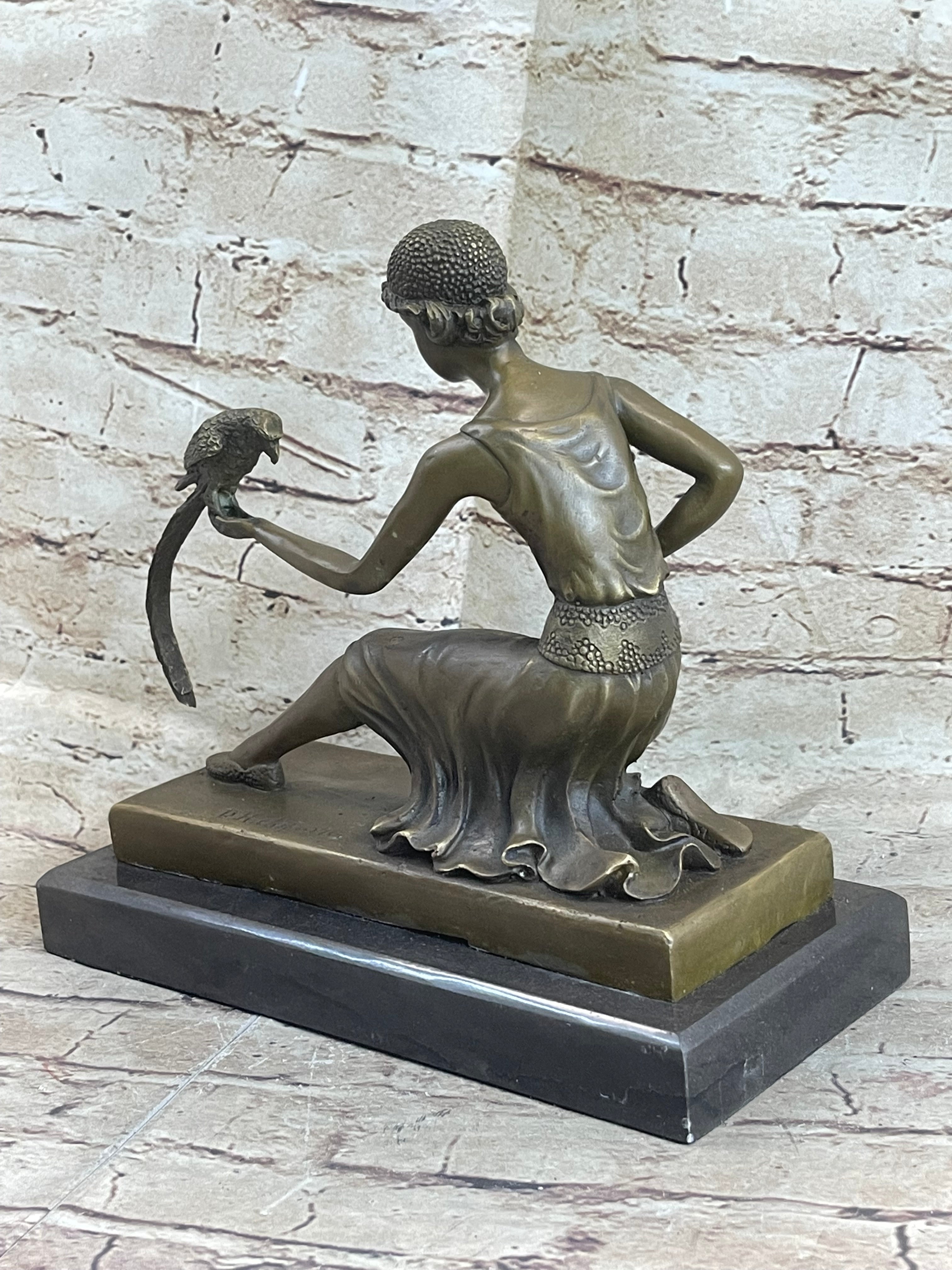 Signed Chiparus Girl With Parrot Bronze Marble Base Sculpture