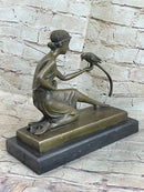Signed Chiparus Girl With Parrot Bronze Marble Base Sculpture