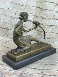 Signed Chiparus Girl With Parrot Bronze Marble Base Sculpture
