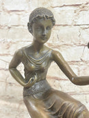 Signed Chiparus Girl With Parrot Bronze Marble Base Sculpture