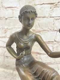 Signed Chiparus Girl With Parrot Bronze Marble Base Sculpture
