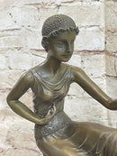 Signed Chiparus Girl With Parrot Bronze Marble Base Sculpture