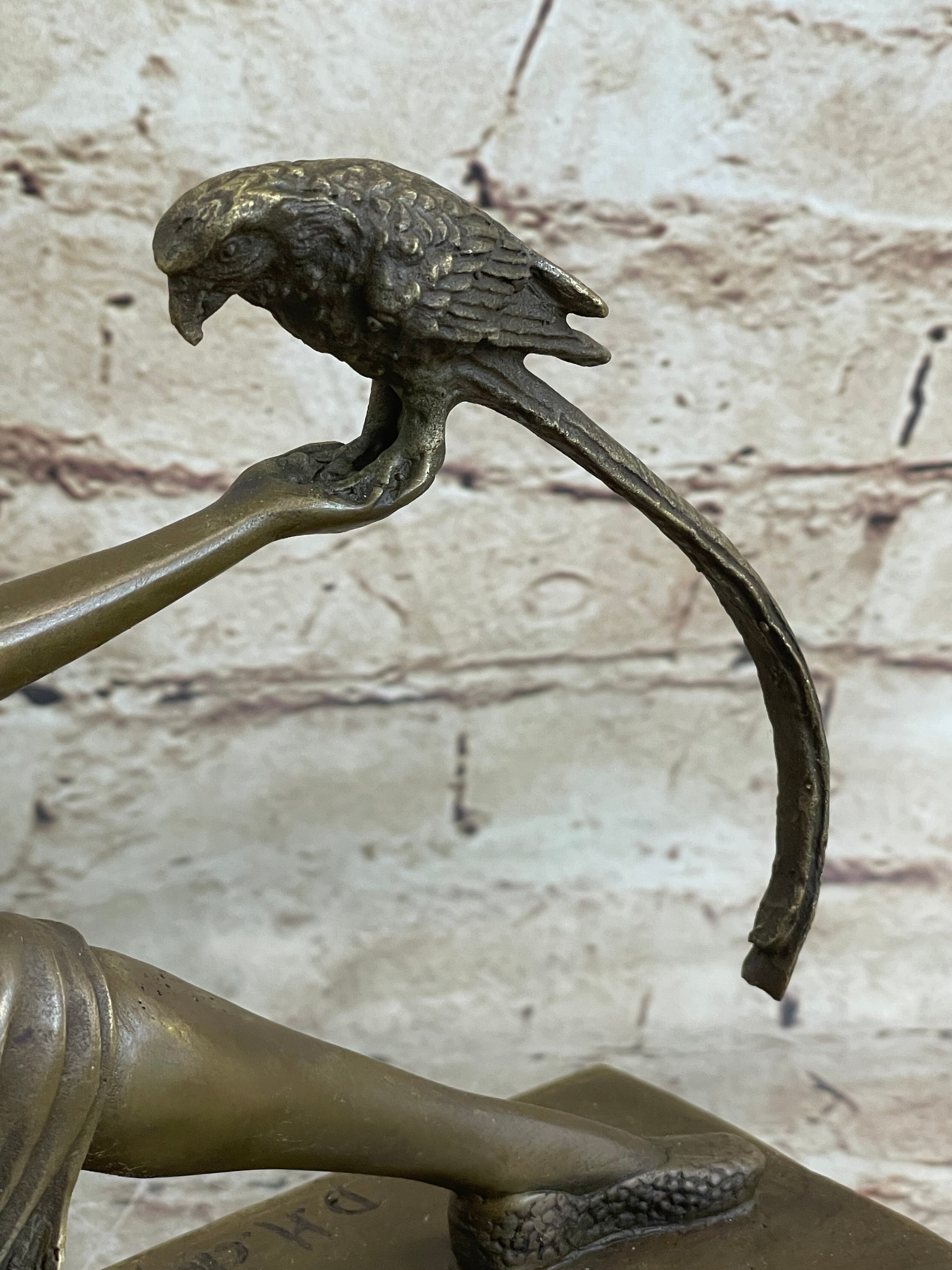 Signed Chiparus Girl With Parrot Bronze Marble Base Sculpture