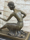 Signed Chiparus Girl With Parrot Bronze Marble Base Sculpture