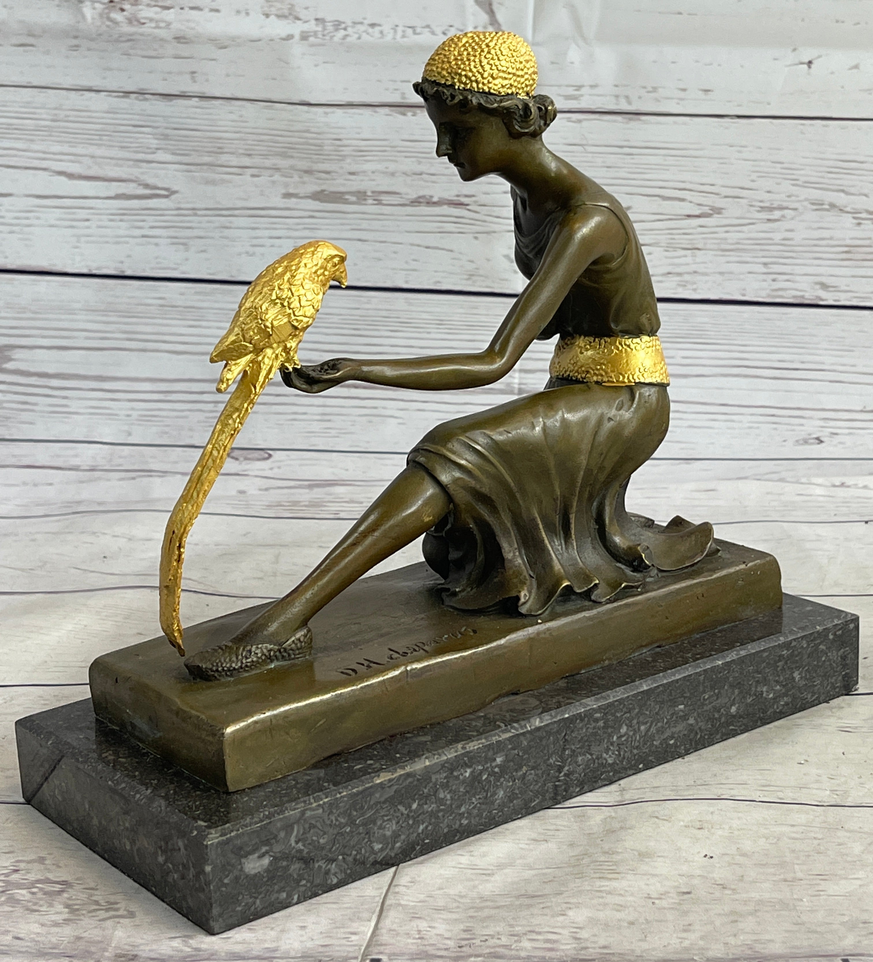 Bronze Art Nouveau Deco Girl w/ Parrot by Chiparus