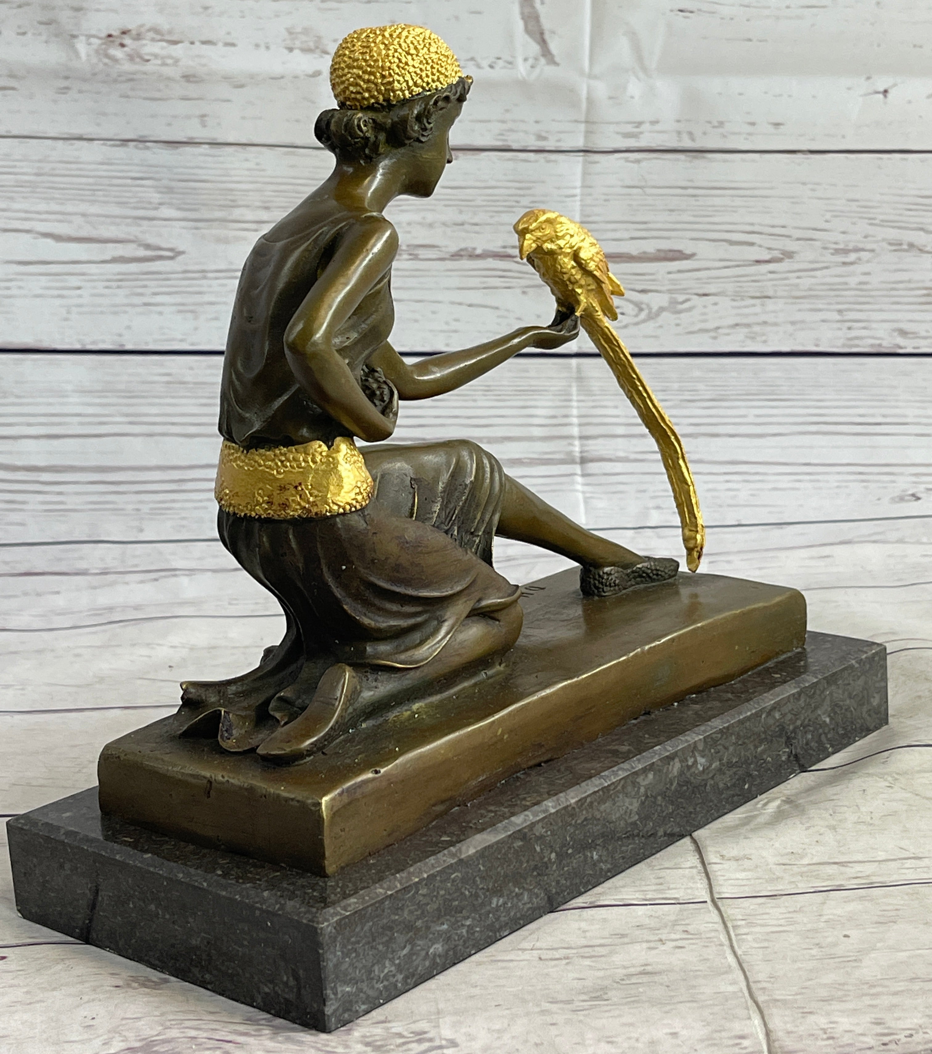 Bronze Art Nouveau Deco Girl w/ Parrot by Chiparus
