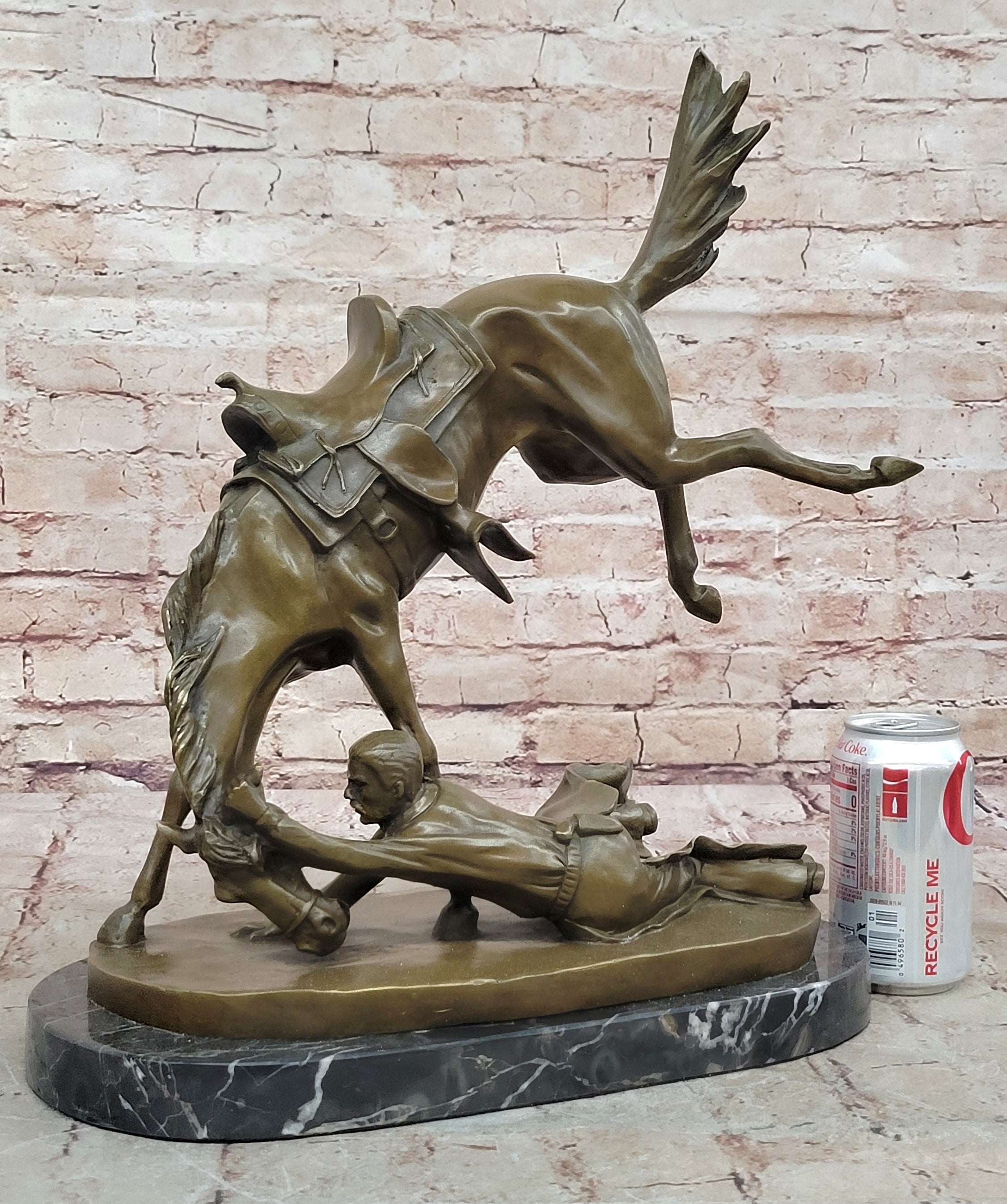 Signed Cowboy Horse Western Bronze Sculpture Marble Base