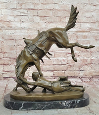 Signed Cowboy Horse Western Bronze Sculpture Marble Base