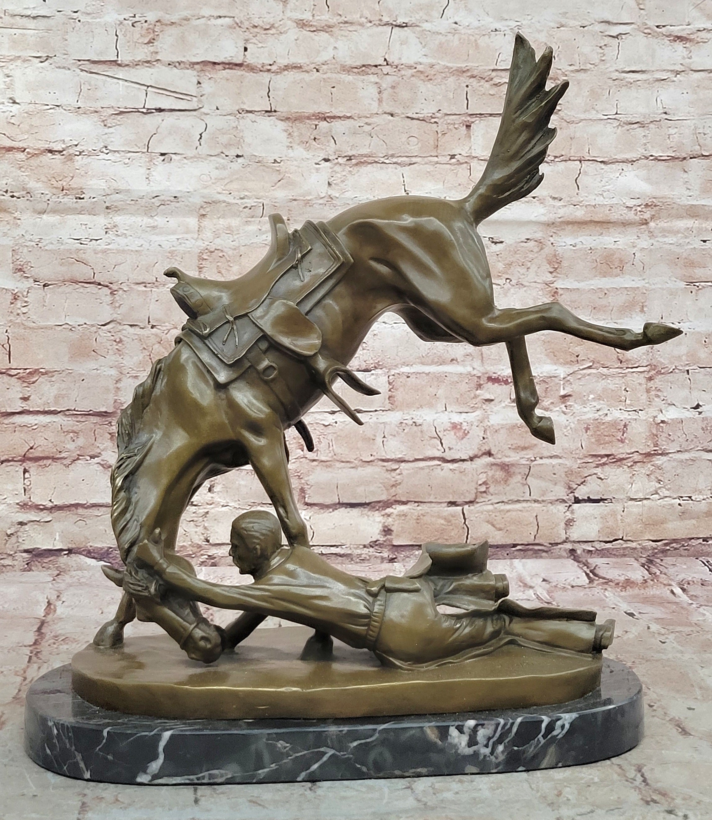 Signed Cowboy Horse Western Bronze Sculpture Marble Base