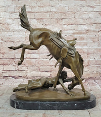 Signed Cowboy Horse Western Bronze Sculpture Marble Base
