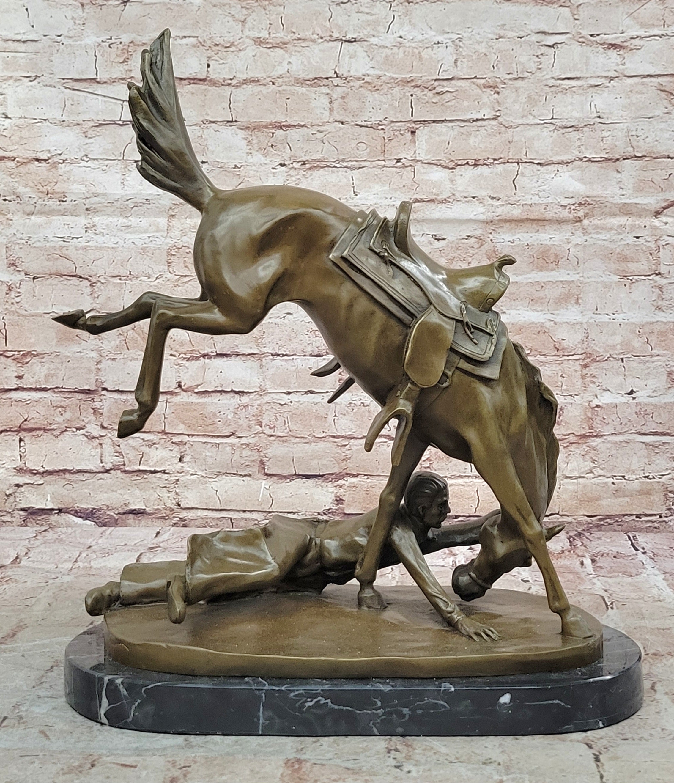 Signed Cowboy Horse Western Bronze Sculpture Marble Base