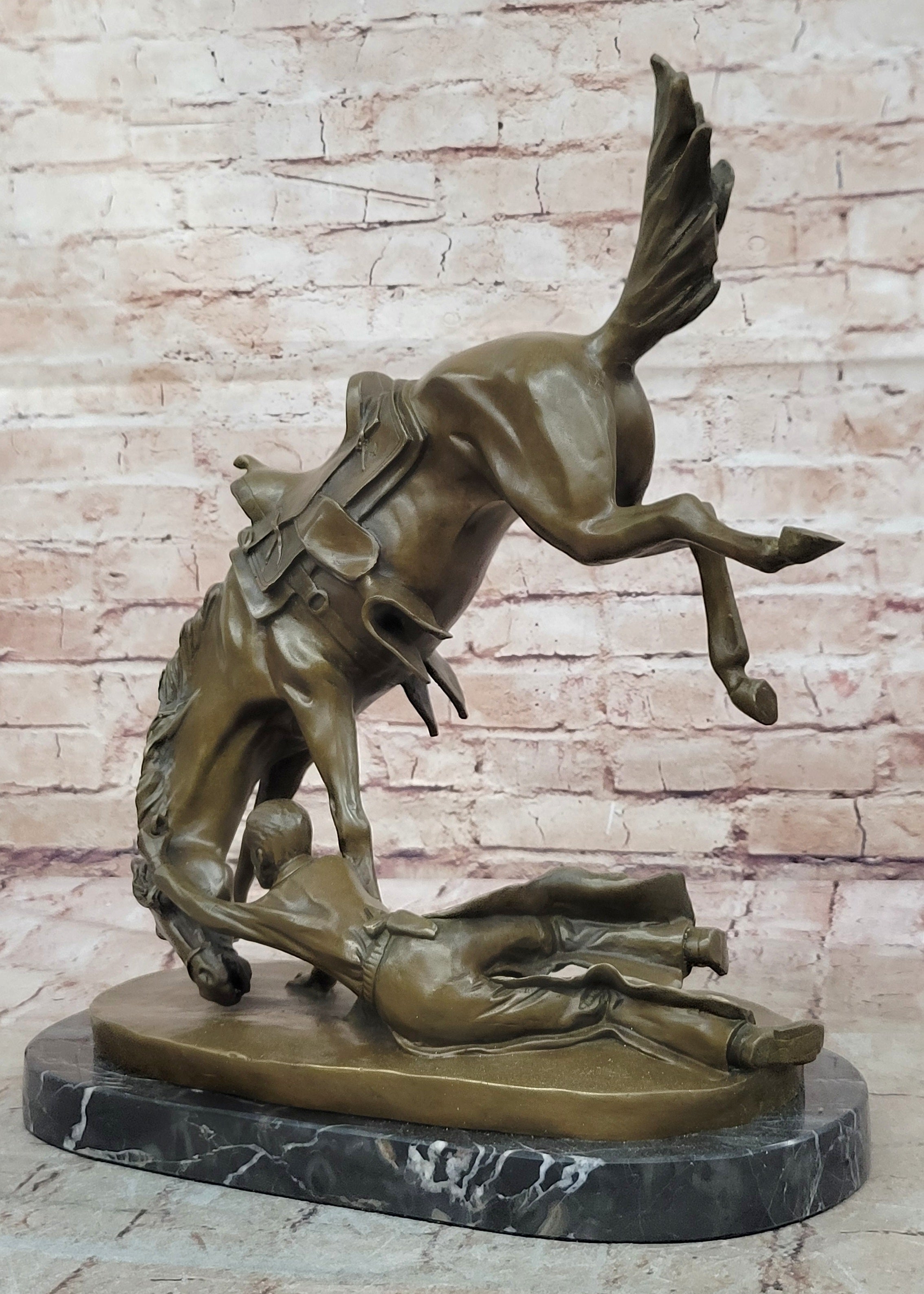 Signed Cowboy Horse Western Bronze Sculpture Marble Base