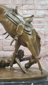 Signed Cowboy Horse Western Bronze Sculpture Marble Base