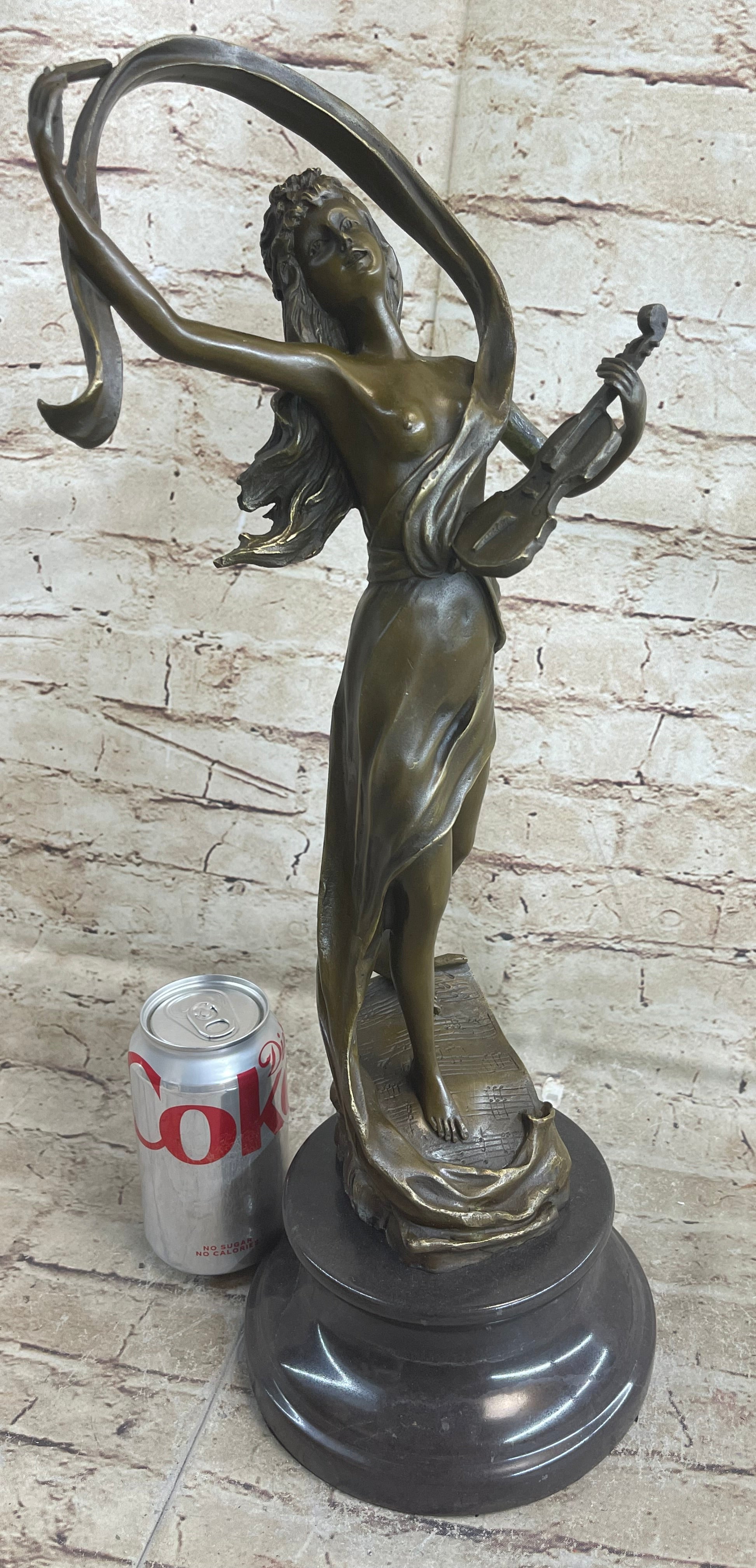 Female Violinist Art Deco Bronze Sculpture 19" x 8" Signed
