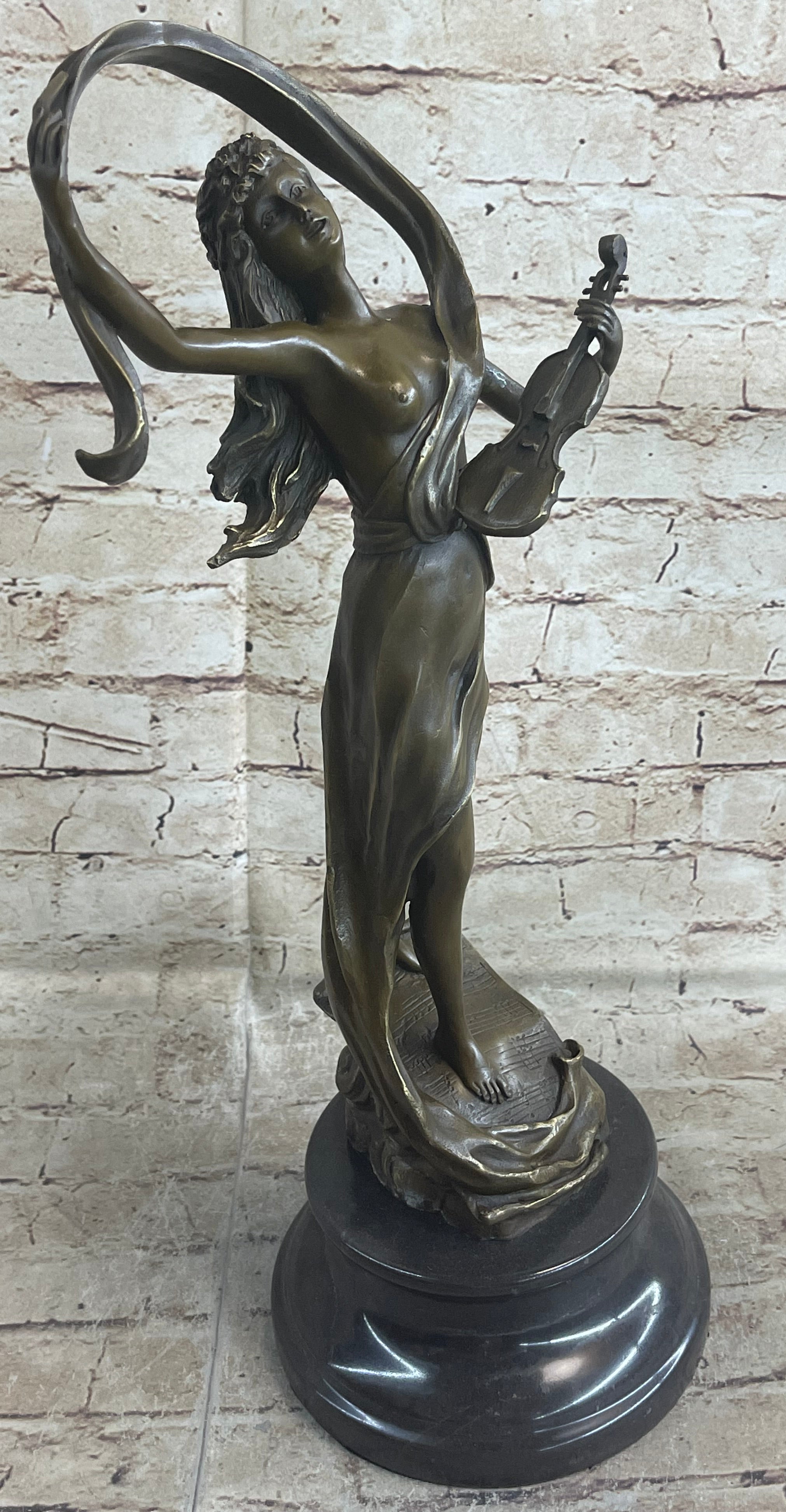 Female Violinist Art Deco Bronze Sculpture 19" x 8" Signed