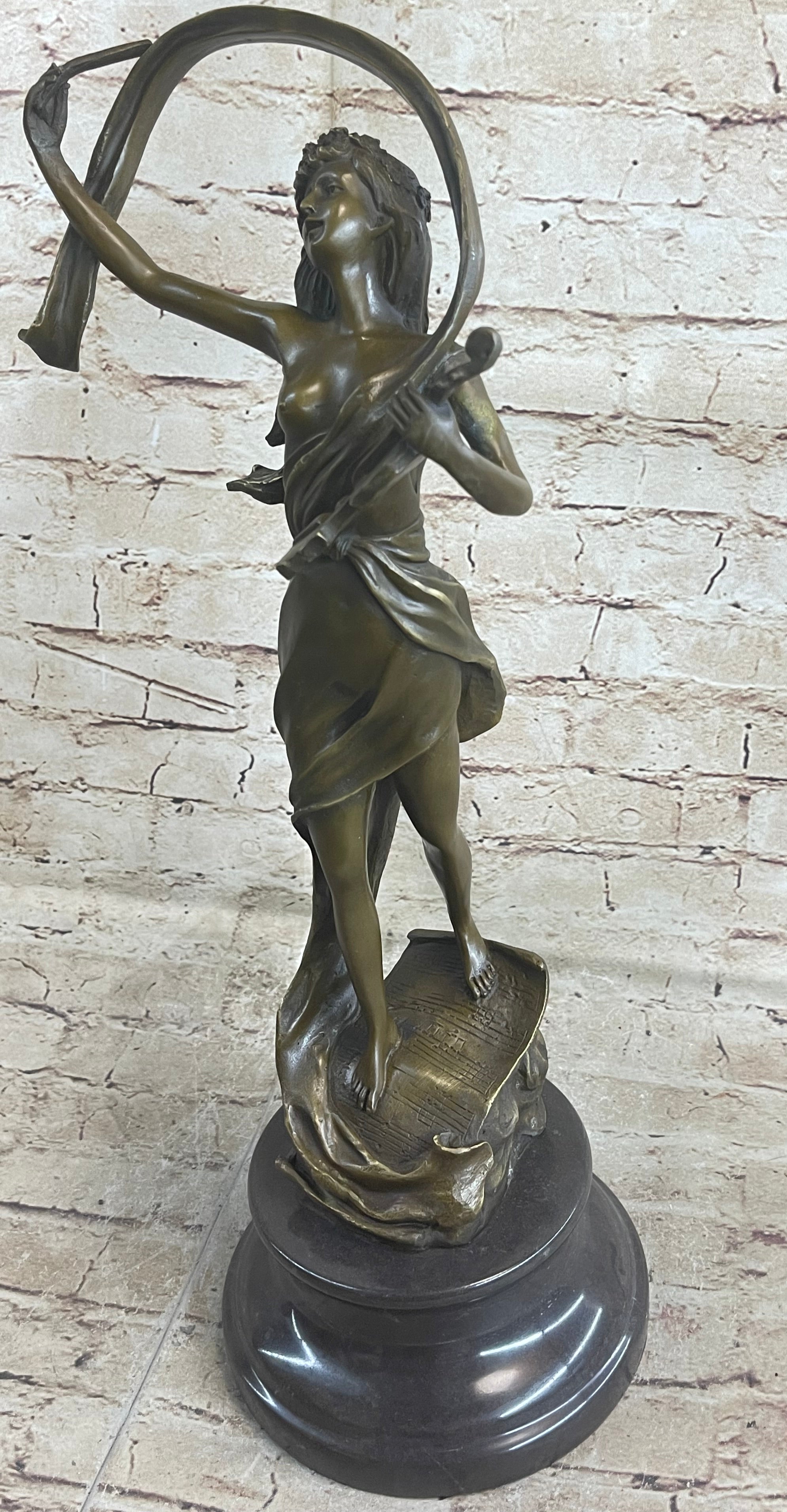 Female Violinist Art Deco Bronze Sculpture 19" x 8" Signed