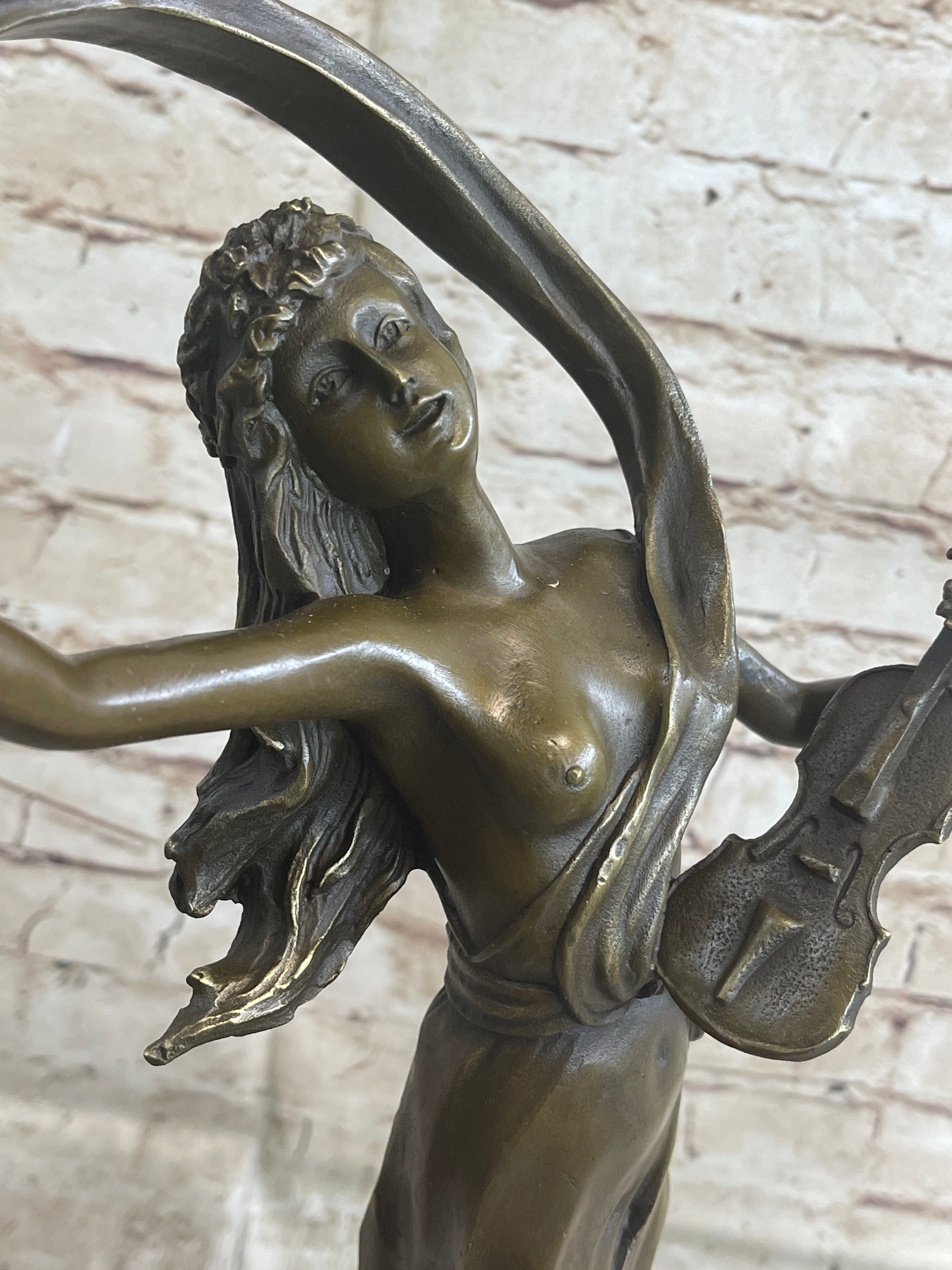 Female Violinist Art Deco Bronze Sculpture 19" x 8" Signed