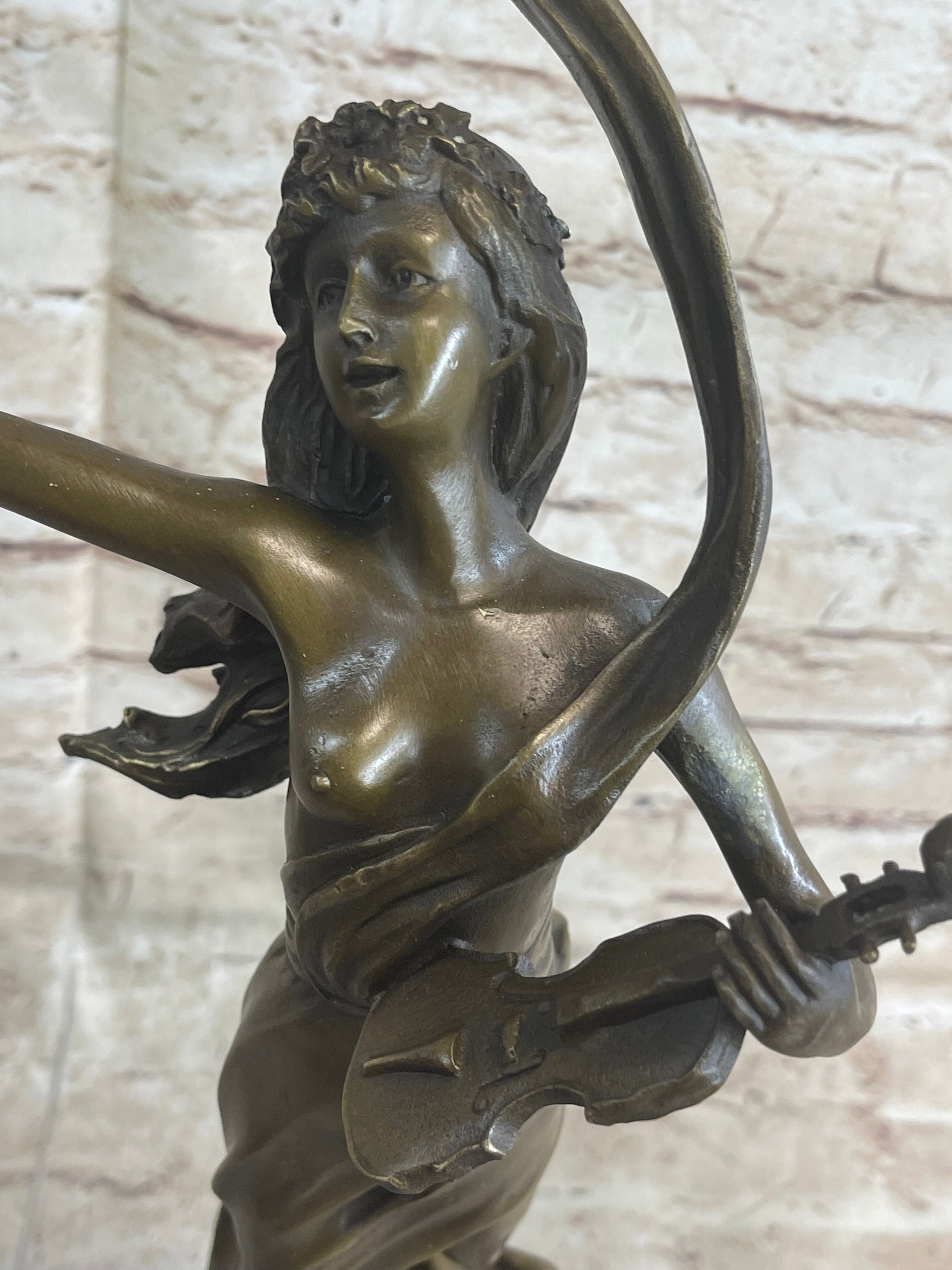 Female Violinist Art Deco Bronze Sculpture 19" x 8" Signed