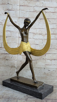 Semi Nude Topless Art Deco Dancer Girl Bronze Sculpture Gold Patina Art by Mirval