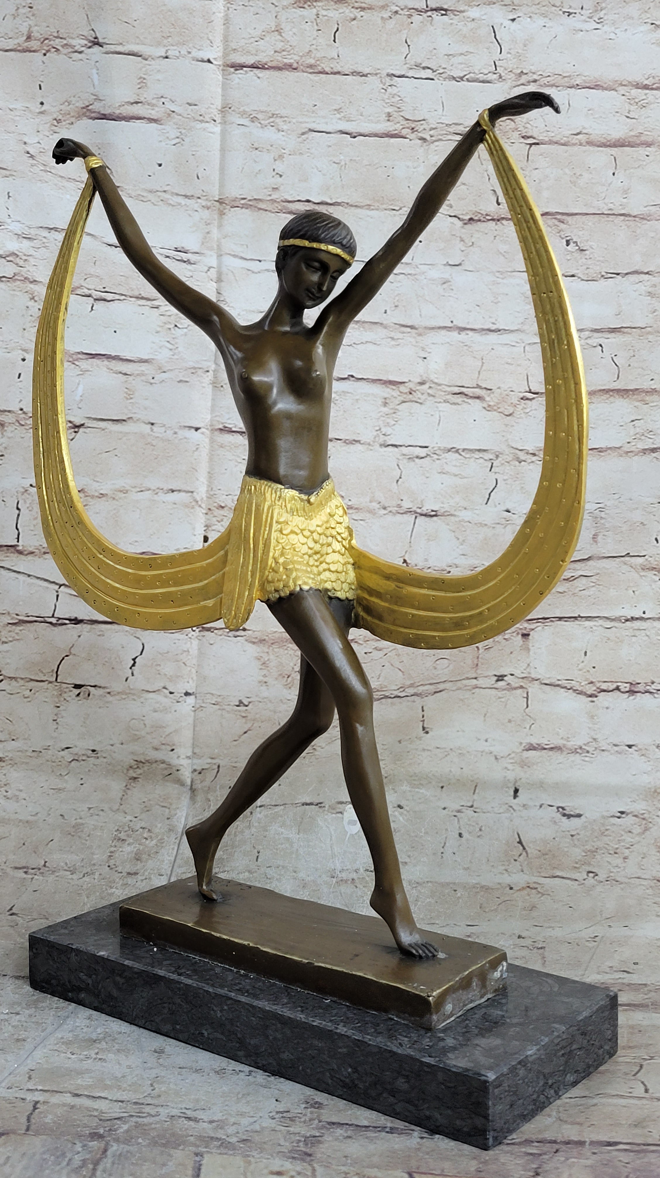 Semi Nude Topless Art Deco Dancer Girl Bronze Sculpture Gold Patina Art by Mirval