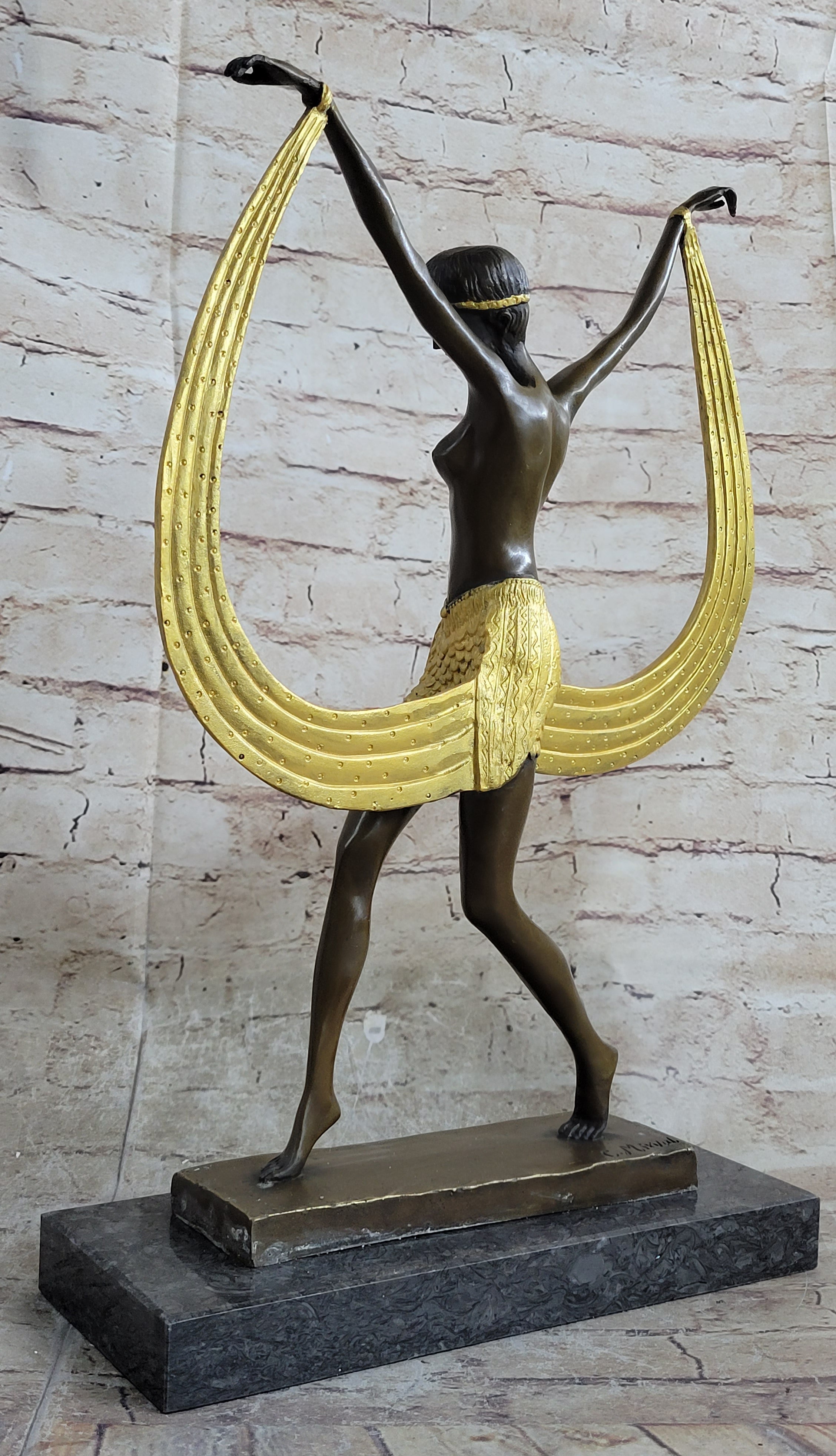 Semi Nude Topless Art Deco Dancer Girl Bronze Sculpture Gold Patina Art by Mirval
