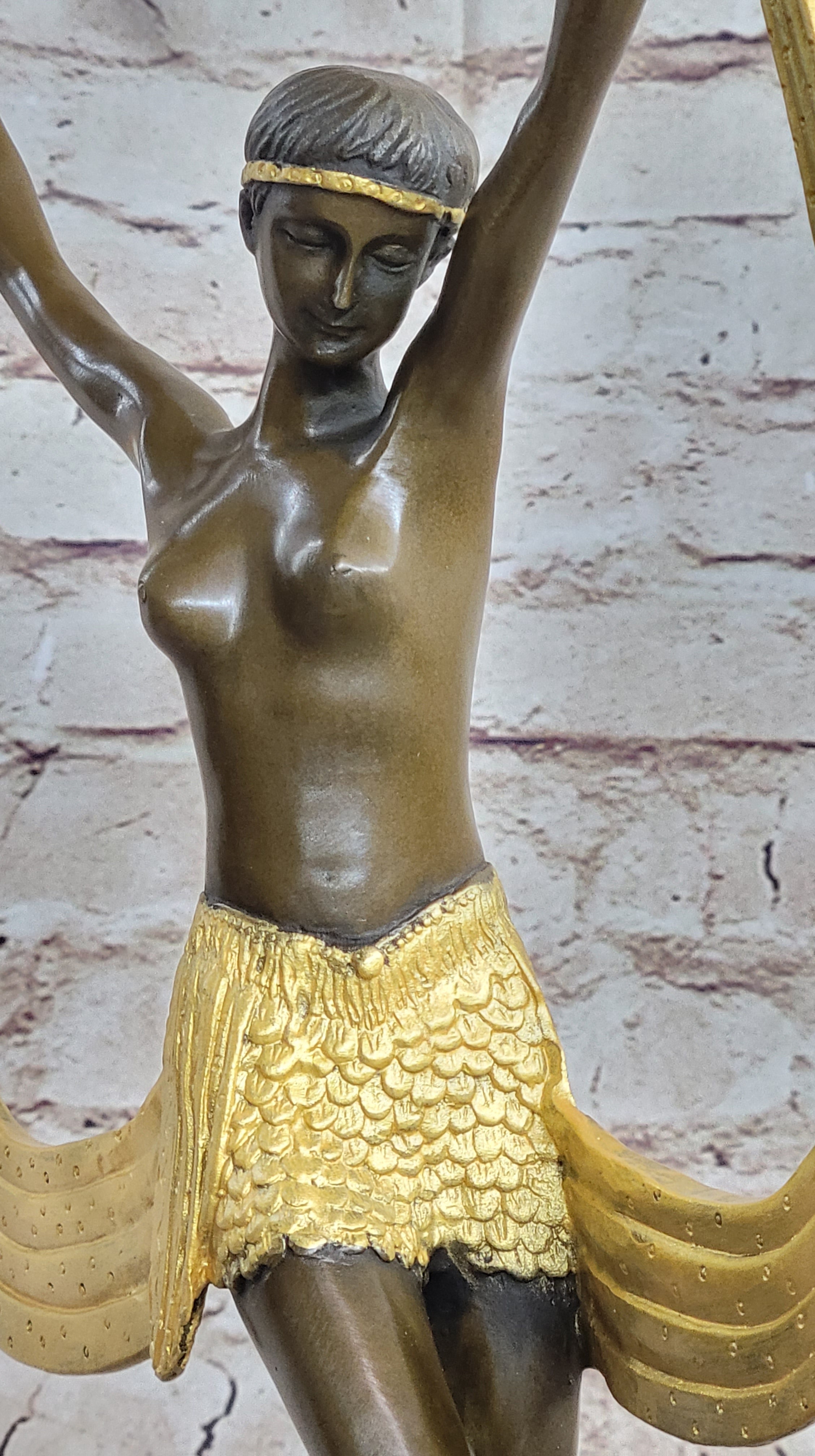 Semi Nude Topless Art Deco Dancer Girl Bronze Sculpture Gold Patina Art by Mirval