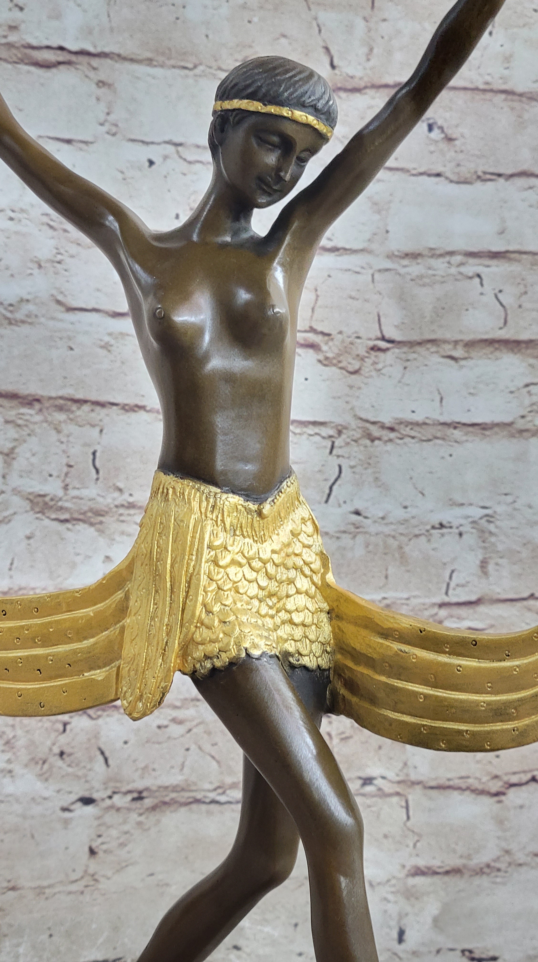 Semi Nude Topless Art Deco Dancer Girl Bronze Sculpture Gold Patina Art by Mirval