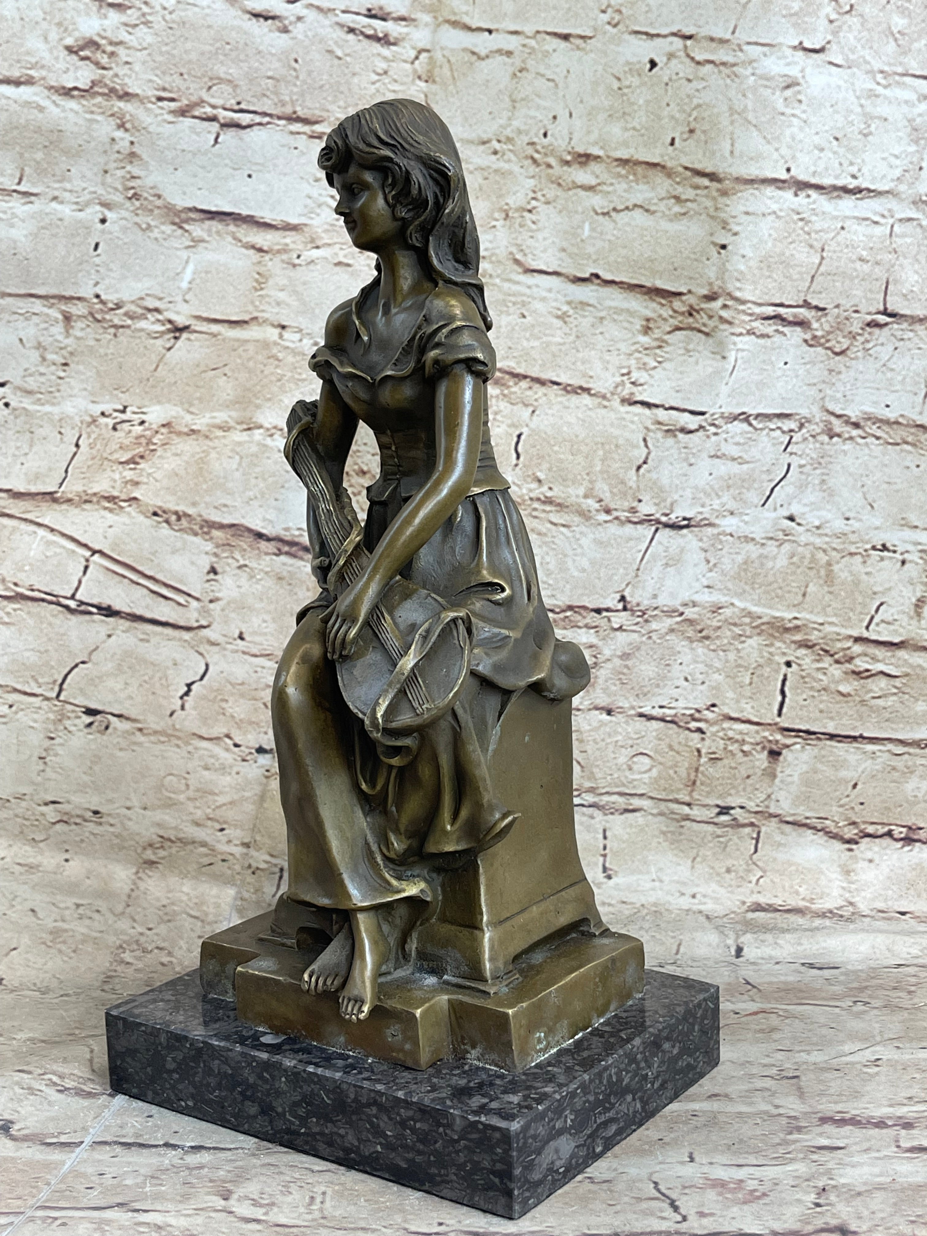 Young Girl with Guitar Bronze Sculpture 13" x 6.5"