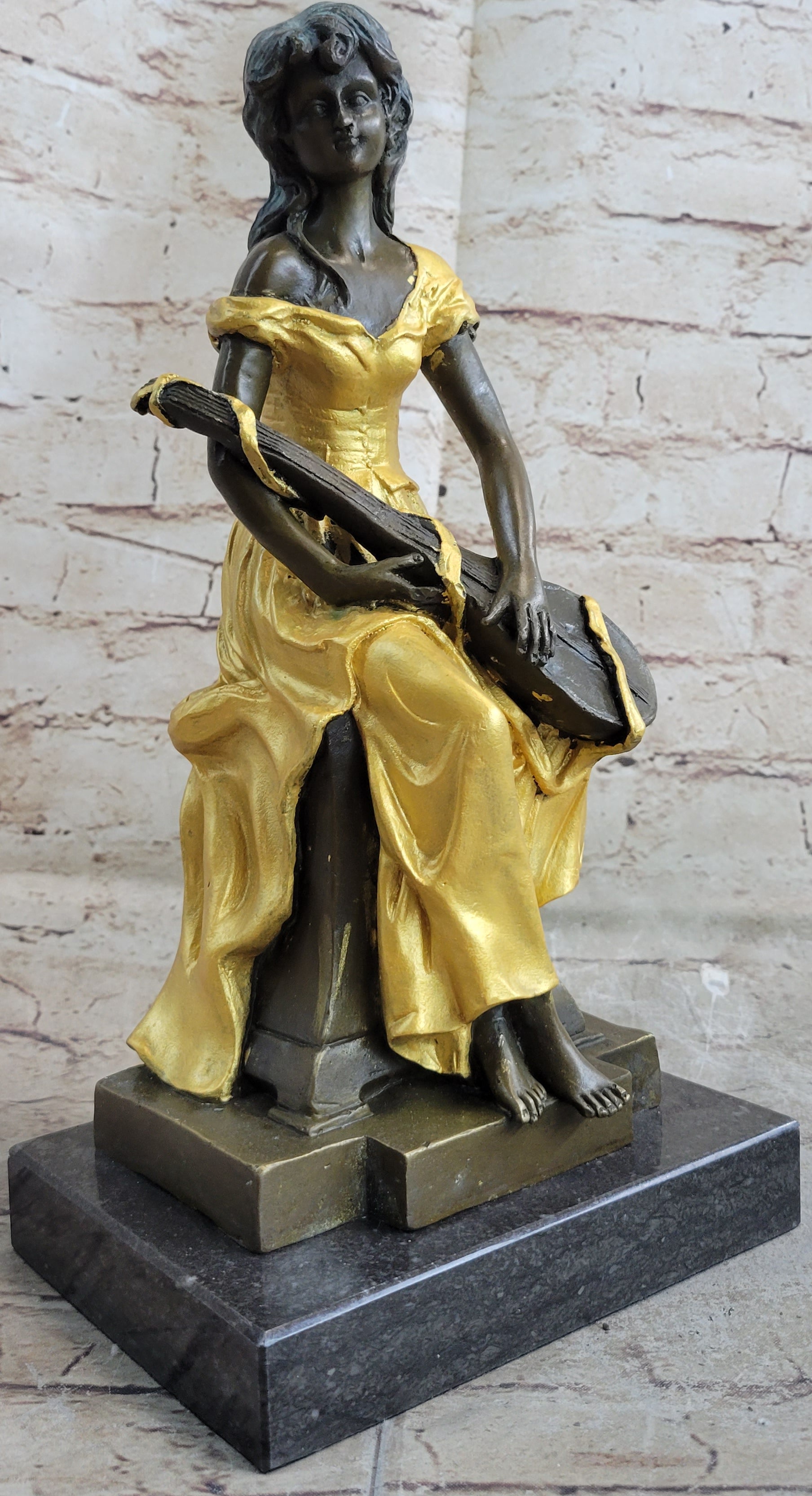 Vintage Banjo Playing Sitting Woman Bronze by Kossowski