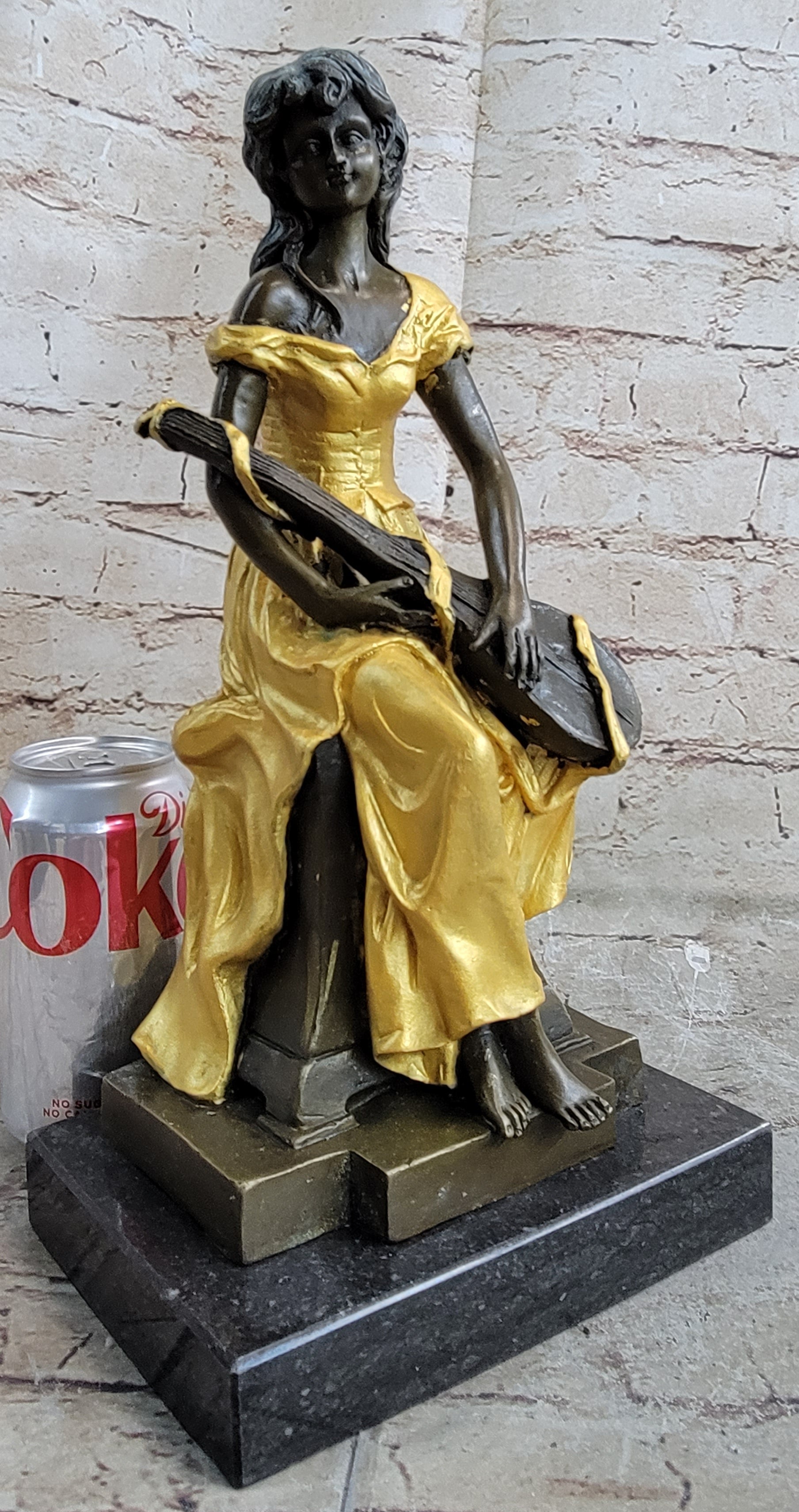 Vintage Banjo Playing Sitting Woman Bronze by Kossowski