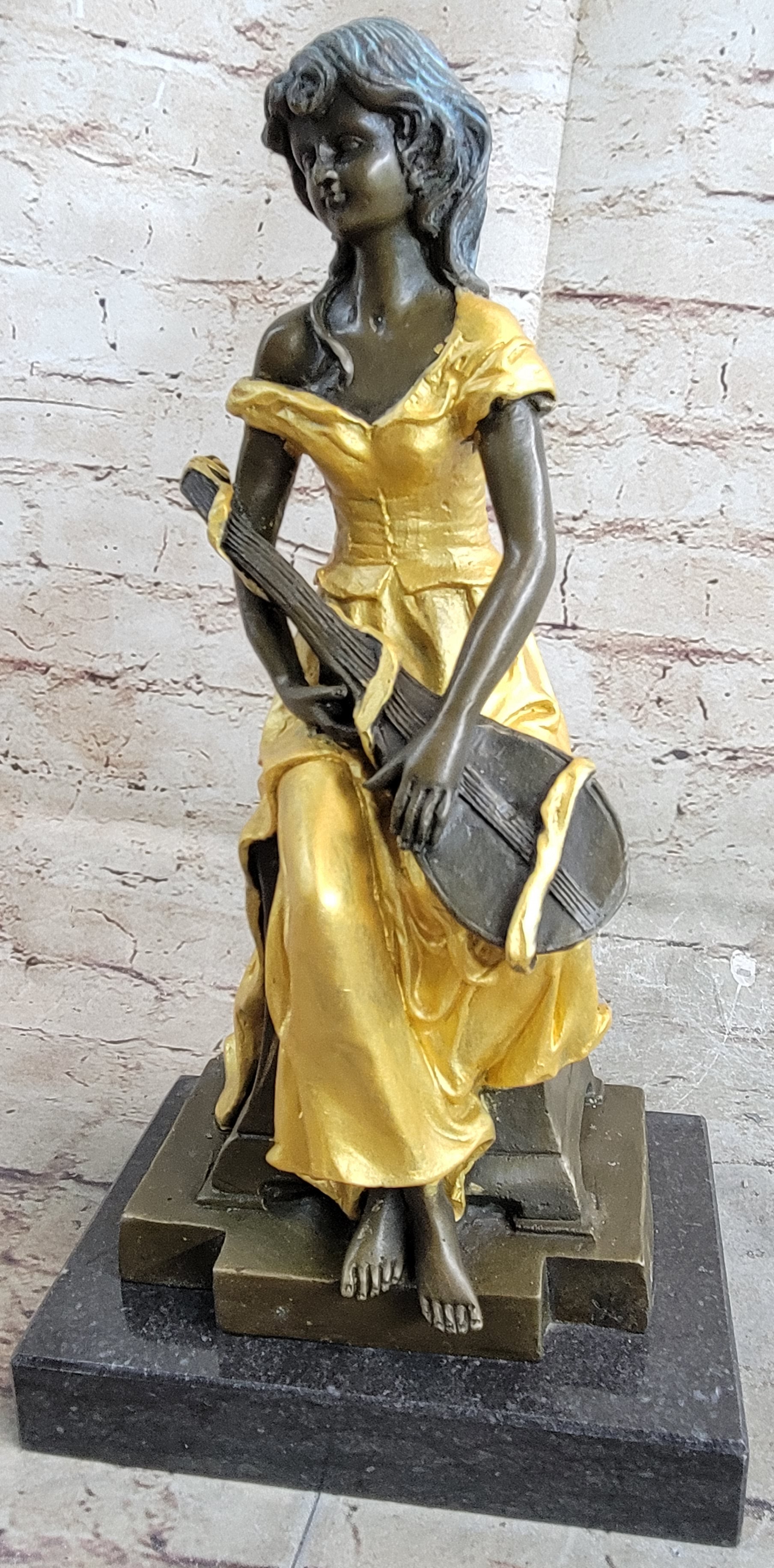 Vintage Banjo Playing Sitting Woman Bronze by Kossowski