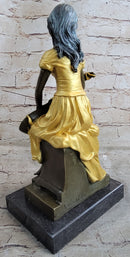 Vintage Banjo Playing Sitting Woman Bronze by Kossowski