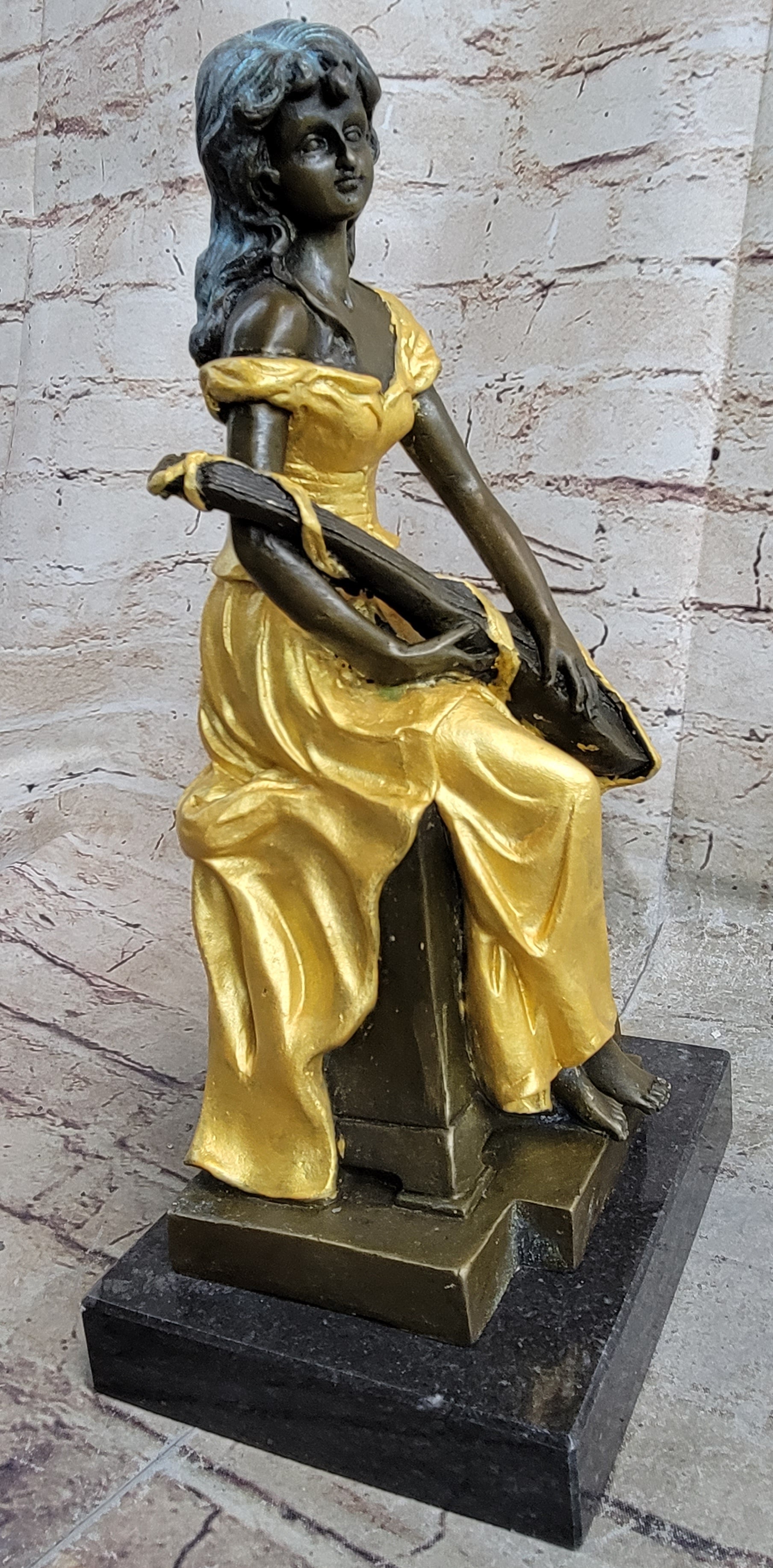 Vintage Banjo Playing Sitting Woman Bronze by Kossowski