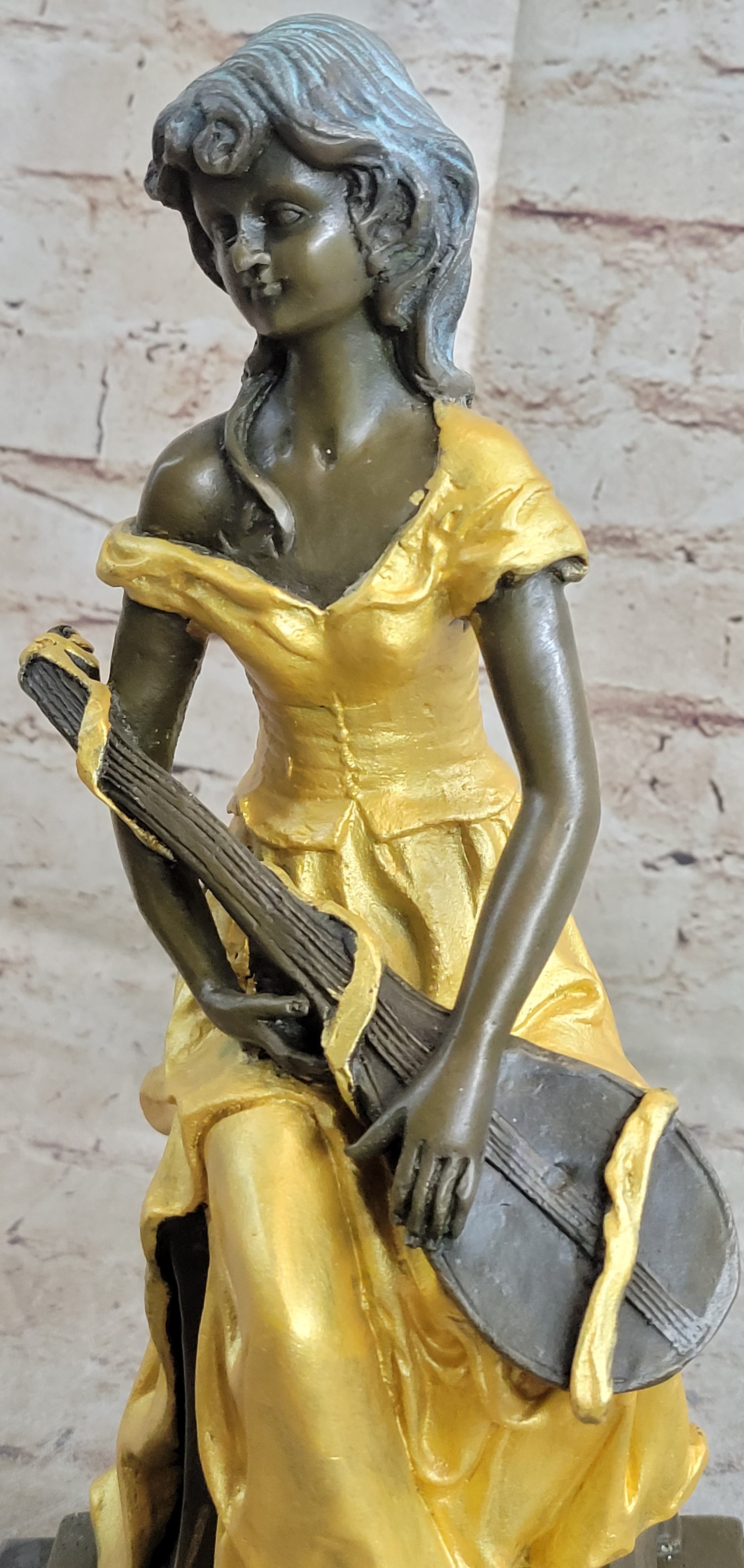 Vintage Banjo Playing Sitting Woman Bronze by Kossowski