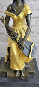 Vintage Banjo Playing Sitting Woman Bronze by Kossowski