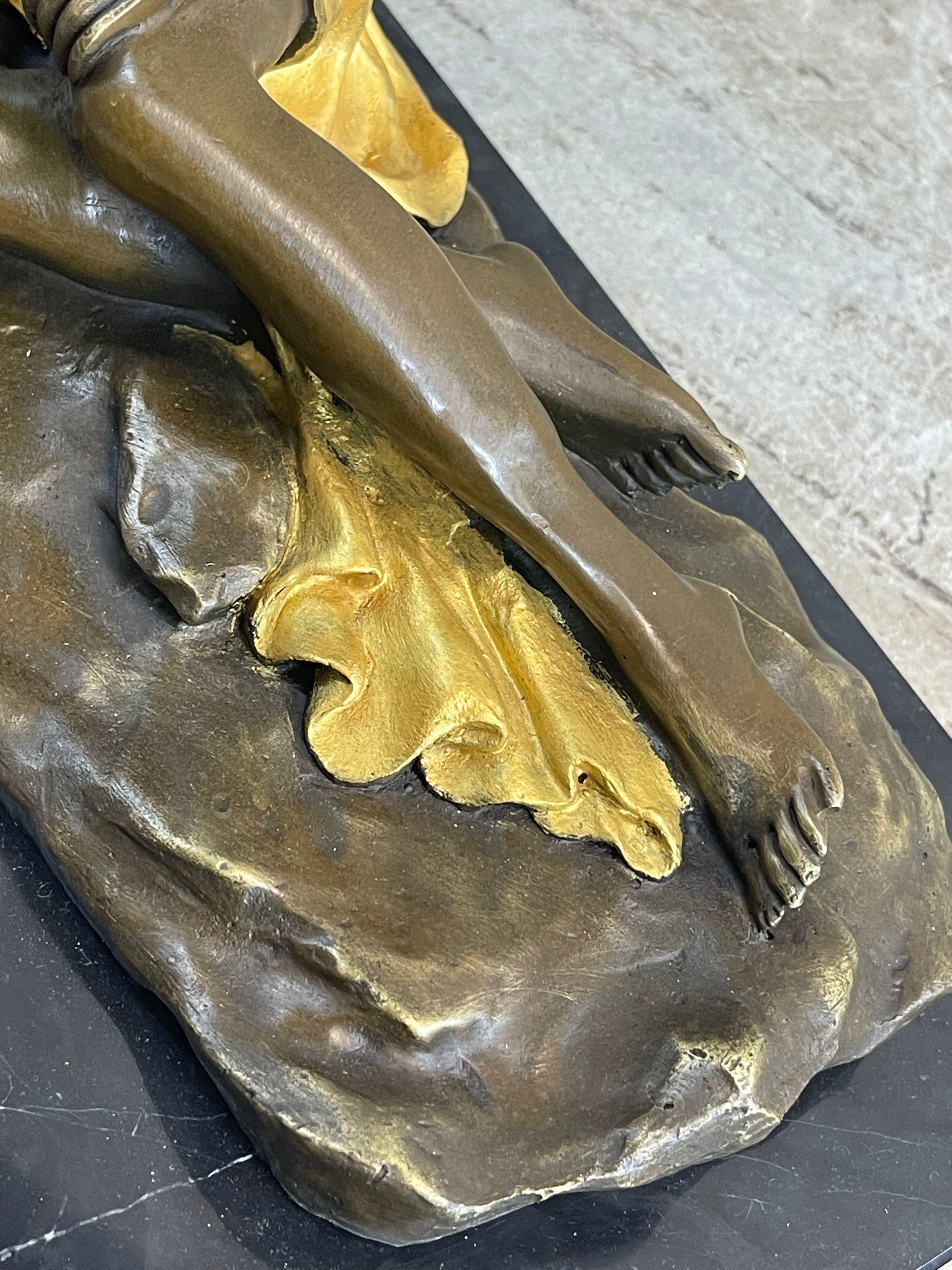 Nude Female Figure Greek Roman Goddess Lounging Bronze Statue Sculpture Gold Patina