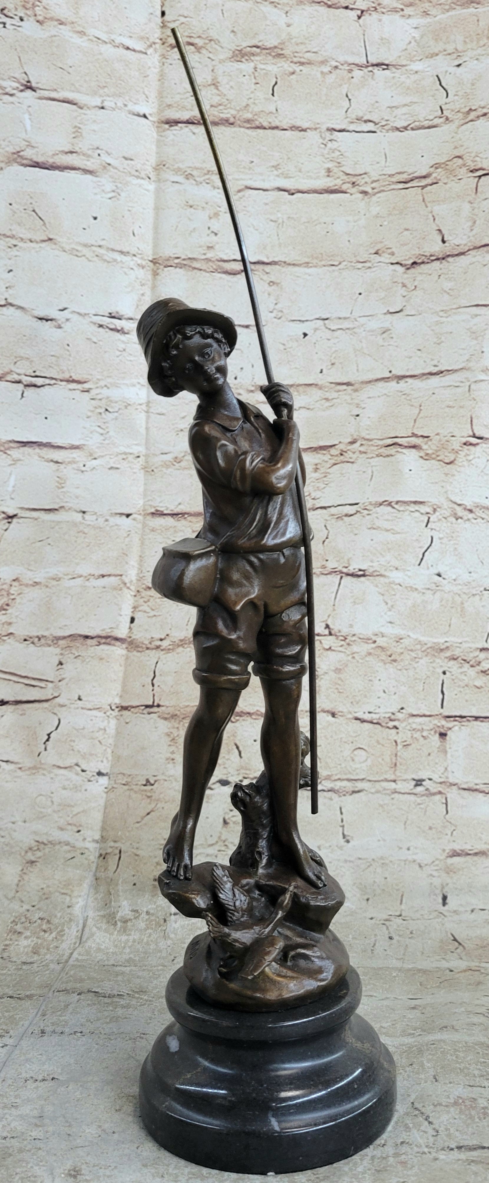 Signed Milo Boy Fishing With Duck Bronze Sculpture